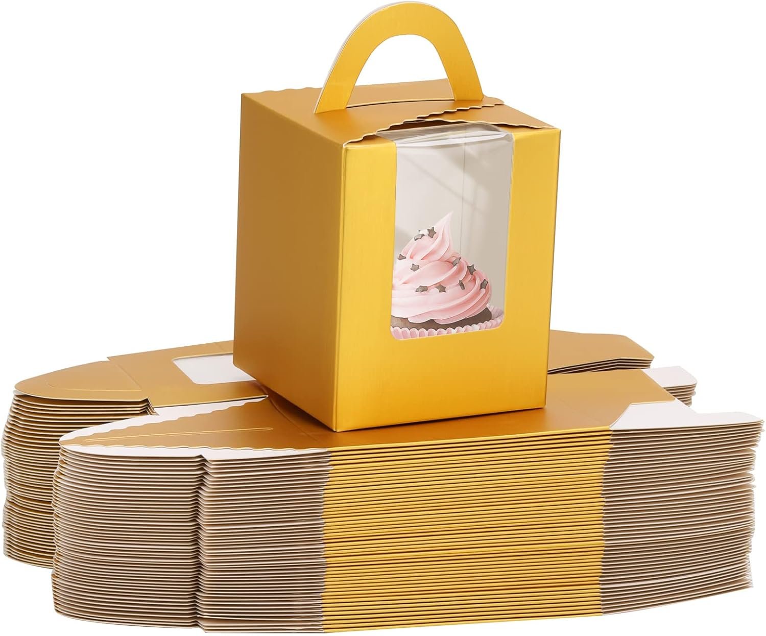 acDesign 100 Pcs Cupcake Holders Individual 3.6in*3.6in*4.3in Cupcake Boxes With Window Handle and Inserts for Bakery Wrapping Party Favor Packing(Gold)