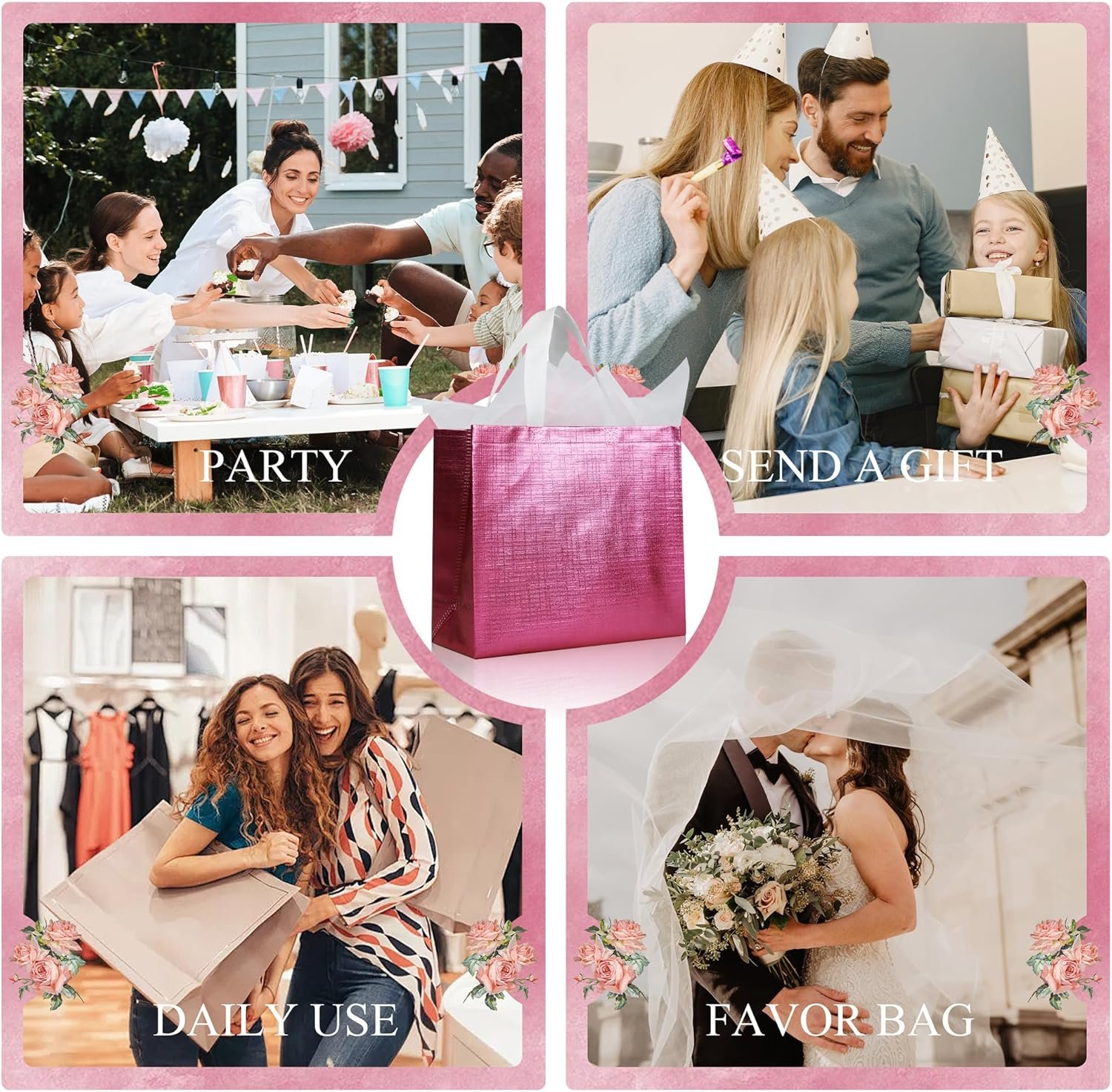 Wholesale 16 Pcs Pink Reusable Gift Bags Metallic Bling Design with Handles and Bases Non-woven for Birthday Wedding Parties Graduation 12.6x4.7x11 Inches Factory Wholesale 16 Pcs Pink Reusable Gift Bags Metallic Bling Design with Handles and Bases Non-woven for Birthday Wedding Parties Graduation 12.6x4.7x11 Inches Factory