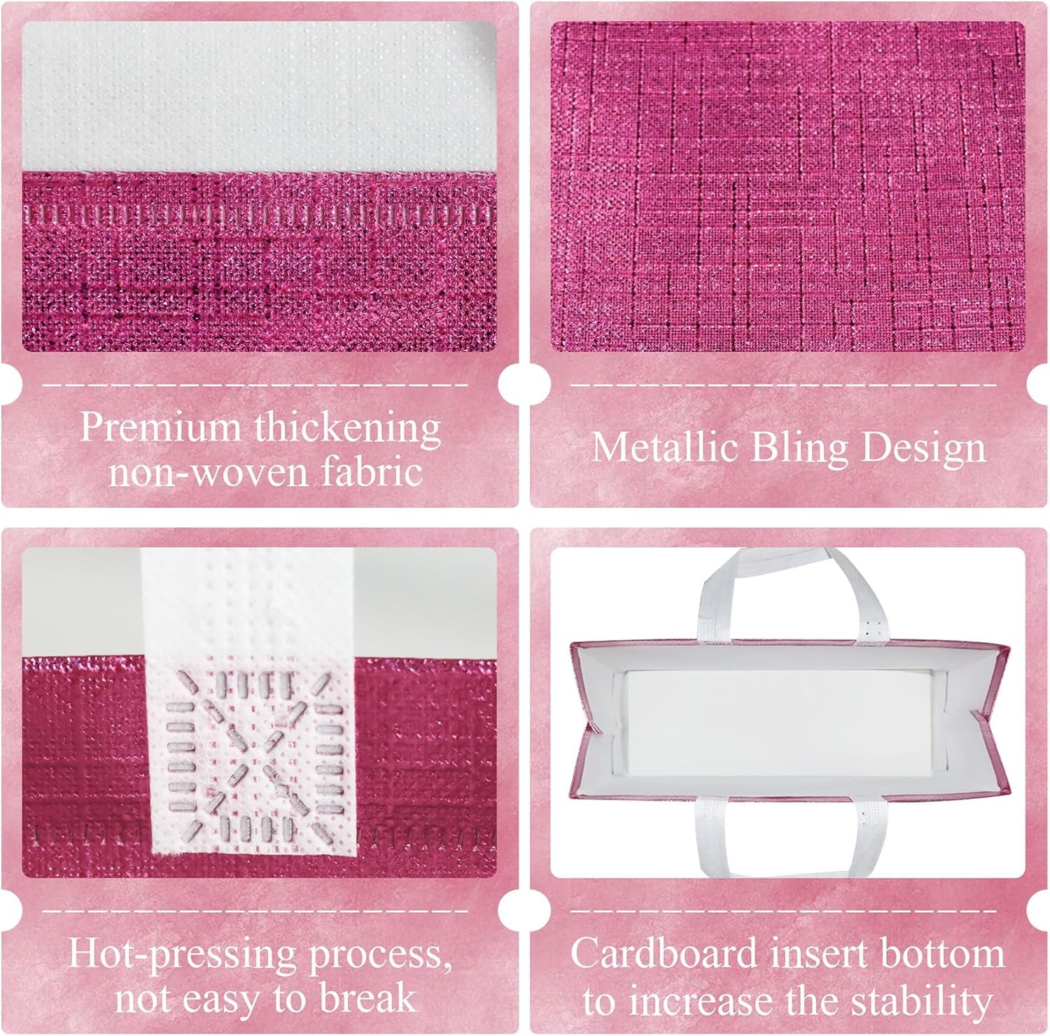 Wholesale 16 Pcs Pink Reusable Gift Bags Metallic Bling Design with Handles and Bases Non-woven for Birthday Wedding Parties Graduation 12.6x4.7x11 Inches Factory Wholesale 16 Pcs Pink Reusable Gift Bags Metallic Bling Design with Handles and Bases Non-woven for Birthday Wedding Parties Graduation 12.6x4.7x11 Inches Factory