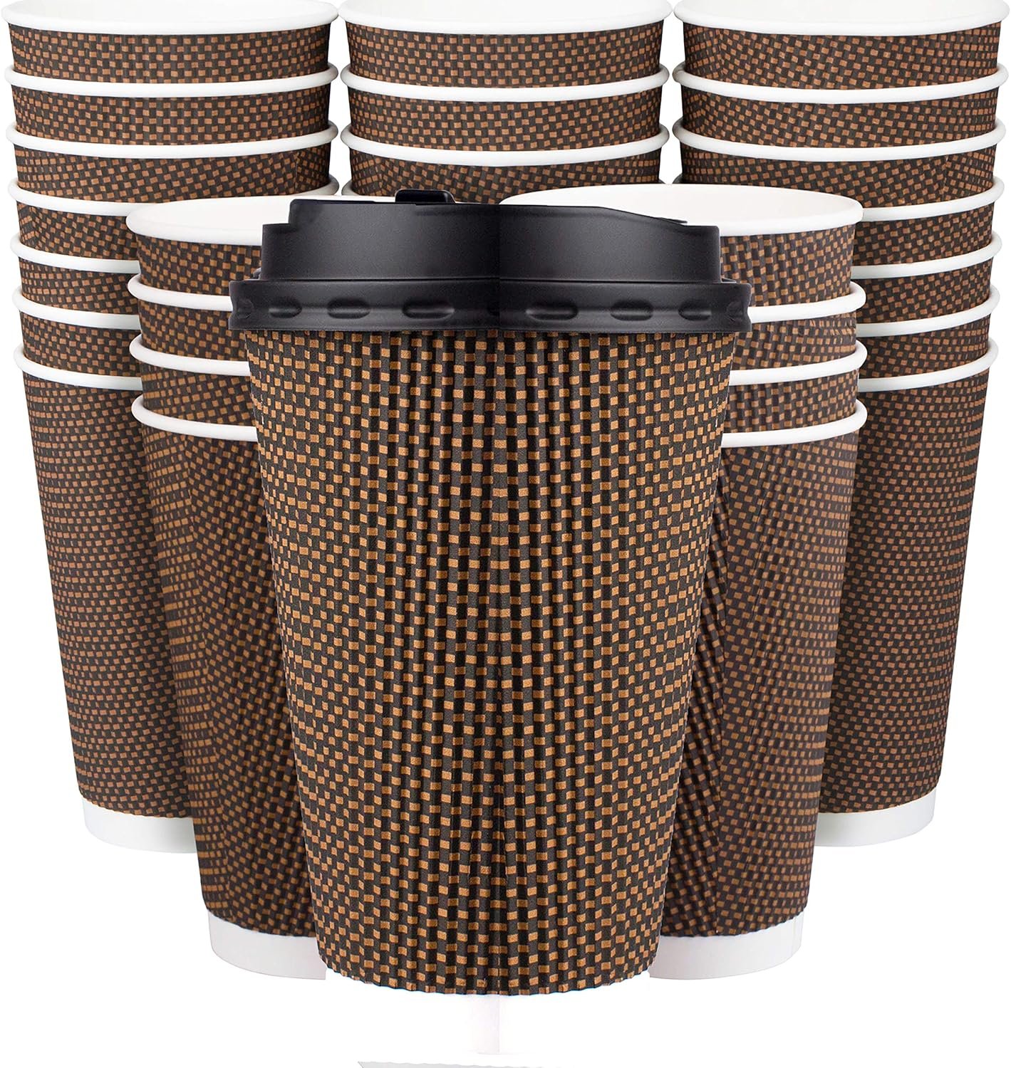 Promora Brown Disposable Coffee Cups With Lids 16 oz, Premium Insulated Paper Ripple Cups for Hot Coffee, Paper Coffee Cup with Lids (80 Pack)