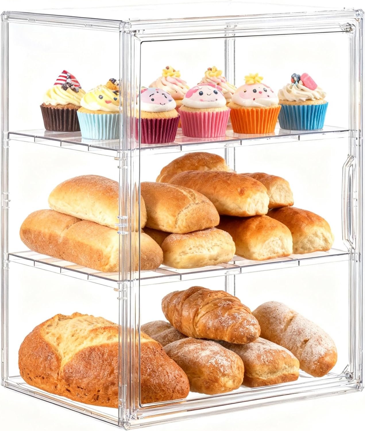 Bread Box, Pastry Display Case for Kitchen Countertop - 3-Tier Adjustable Clear Acrylic Bread Storage with Magnetic Door Closure, Counter Display for Homemade Bread, Bagels, Donuts, Muffins