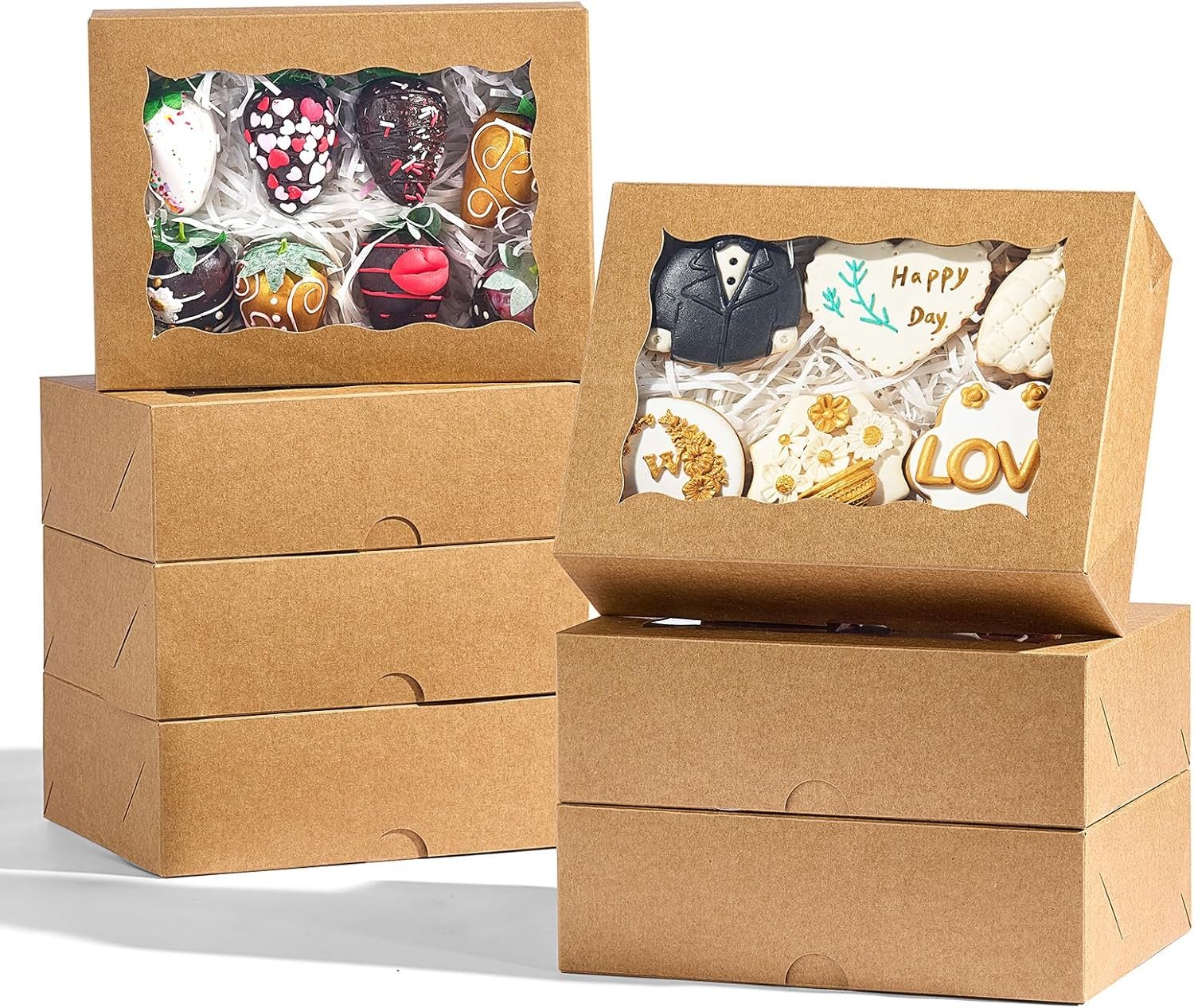 8x6x2.5 Inch 8PCS Baking Boxes with Window for Pastry,Treat,Macaron,Dount,Cookies,Chocolate Covered Strawberries,Brown Bakery Boxes Strawberry Boxes,Muffins