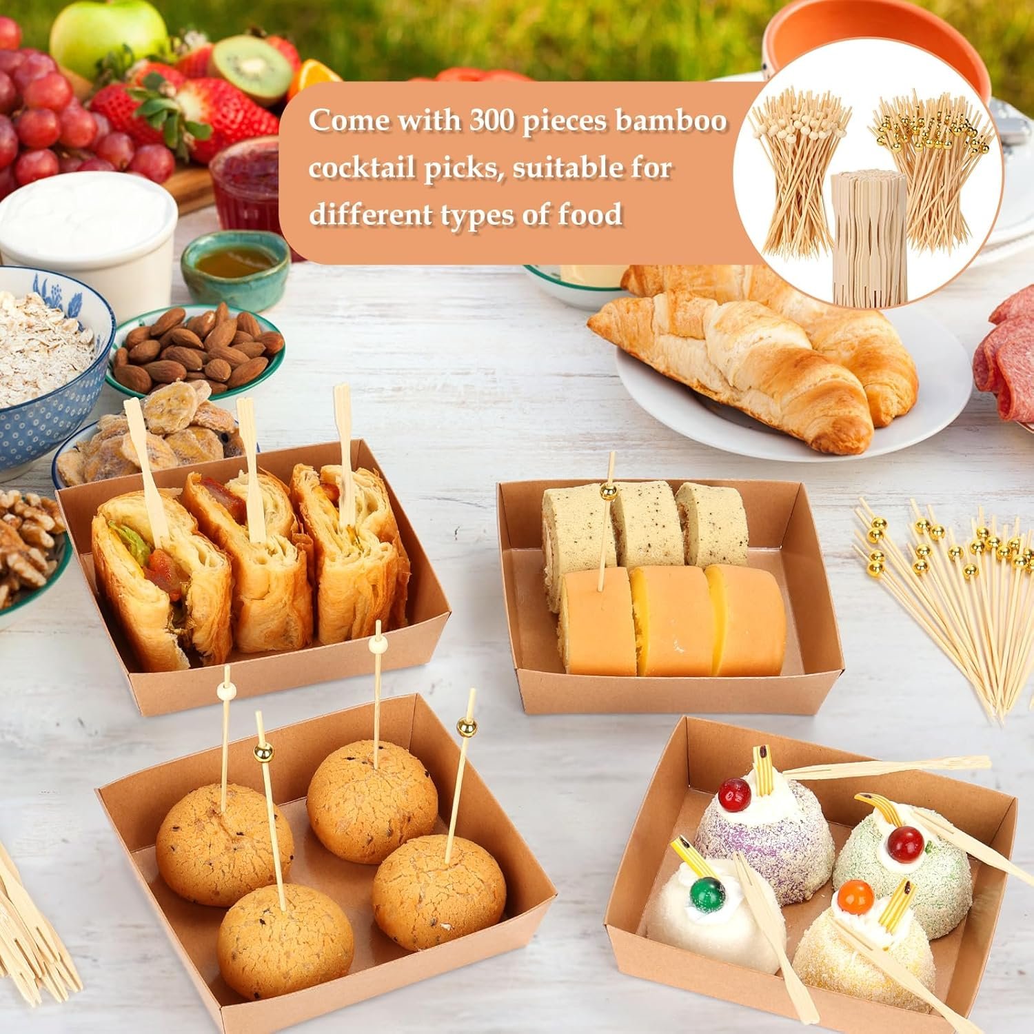 Wholesale 50 Pack Small Mini Charcuterie Boxes with 300 Bamboo Skewers Disposable Paper Food Containers for Desserts Sandwiches Cookies Sushi Cake Slices Strawberries Factory