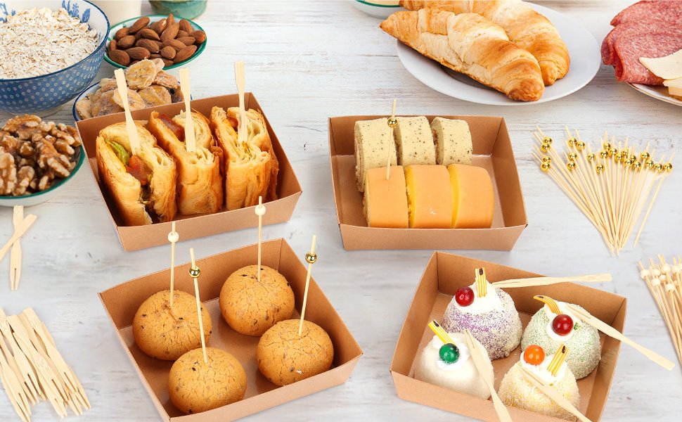 Wholesale 50 Pack Small Mini Charcuterie Boxes with 300 Bamboo Skewers Disposable Paper Food Containers for Desserts Sandwiches Cookies Sushi Cake Slices Strawberries Factory