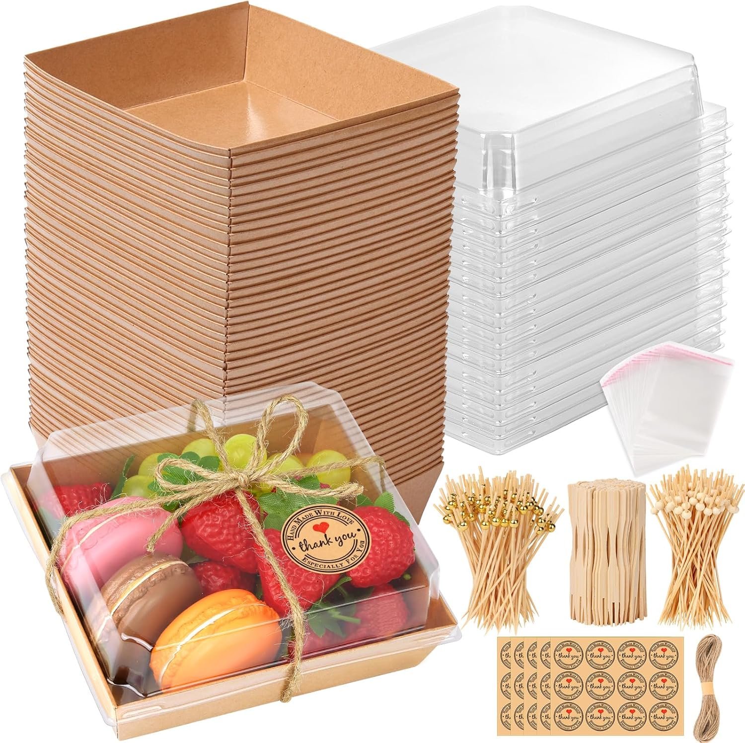 50 Pack Small Charcuterie Boxes + 300Pcs Bamboo Skewers, To Go Paper Mini Charcuterie Box, Disposable Food Containers, Dessert Boxes for Sandwich, Cookie, Sushi, Cake Slice, Strawberries