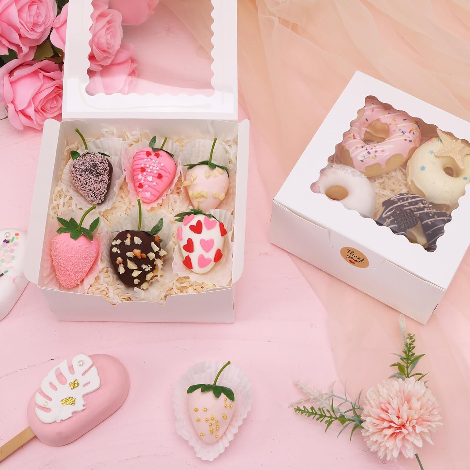 Wholesale 16pcs 6x6x3 Inch Window Bakery Boxes for Cookies Treats Chocolate Covered Strawberries Cupcakes Pastries with Stickers Factory