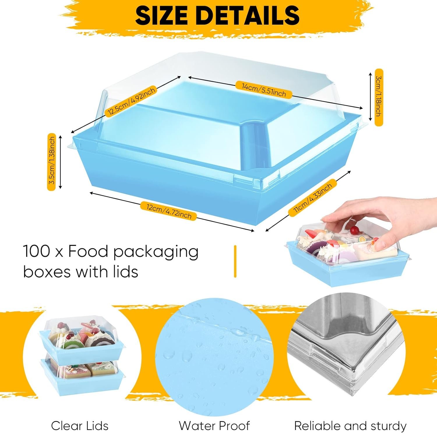 Wholesale 100 Pack 5 Inch Blue Paper Square Charcuterie Boxes Clear Lids Disposable Cookie Containers Valentine Gift for Desserts Sandwiches Slice Cakes Hot Cocoa Bombs Strawberries Factory