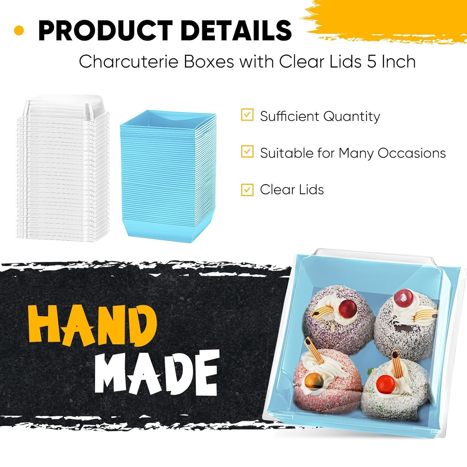 Wholesale 100 Pack 5 Inch Blue Paper Square Charcuterie Boxes Clear Lids Disposable Cookie Containers Valentine Gift for Desserts Sandwiches Slice Cakes Hot Cocoa Bombs Strawberries Factory