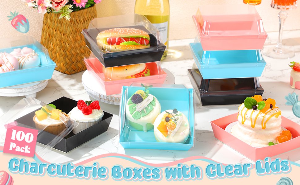 Wholesale 100 Pack 5 Inch Blue Paper Square Charcuterie Boxes Clear Lids Disposable Cookie Containers Valentine Gift for Desserts Sandwiches Slice Cakes Hot Cocoa Bombs Strawberries Factory