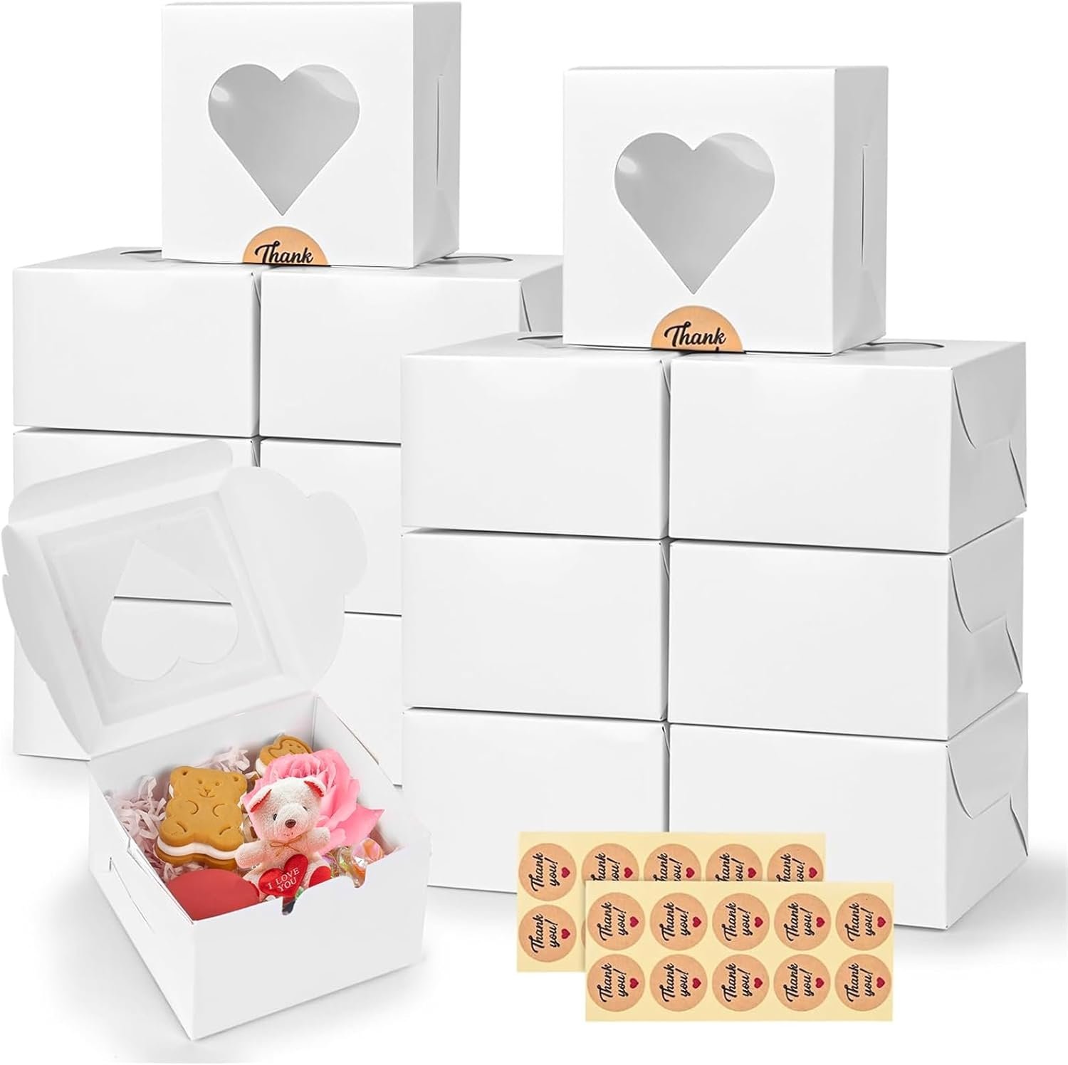 VGOODALL 20PCS Valentine Cookie Boxes,4x4x2.5 Inches Heart Shaped Small Dessert Boxes with Window and Stickers for Bakery Wrapping Party Favor Packing, Valentine's Day(White)