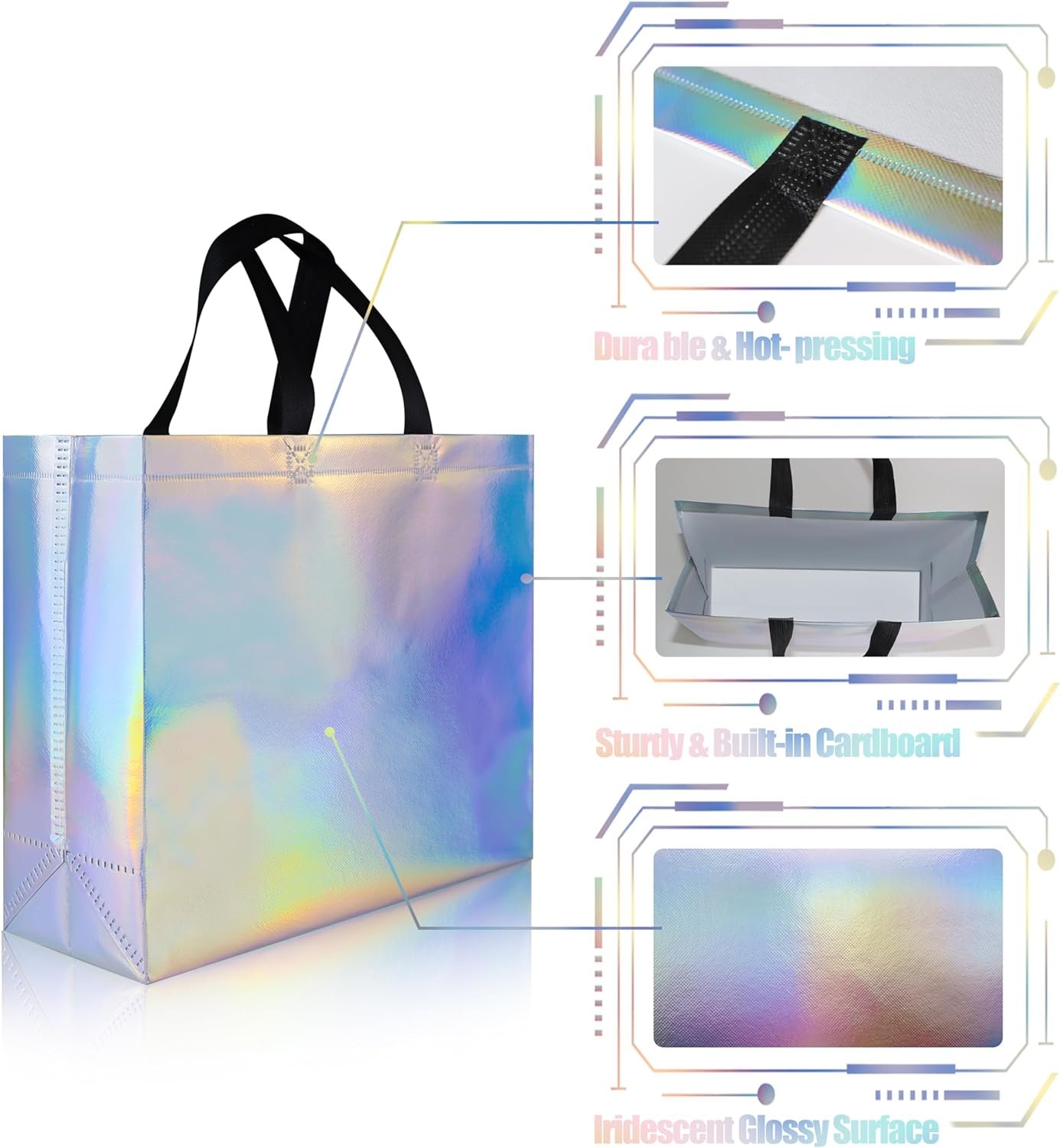 Wholesale 25 Pcs Iridescent Glossy Reusable Gift Bags with Handles and Sturdy Bases 12.6x4.7x11 Inches for Holiday Party Birthdays Weddings Christmas Thanksgiving Factory