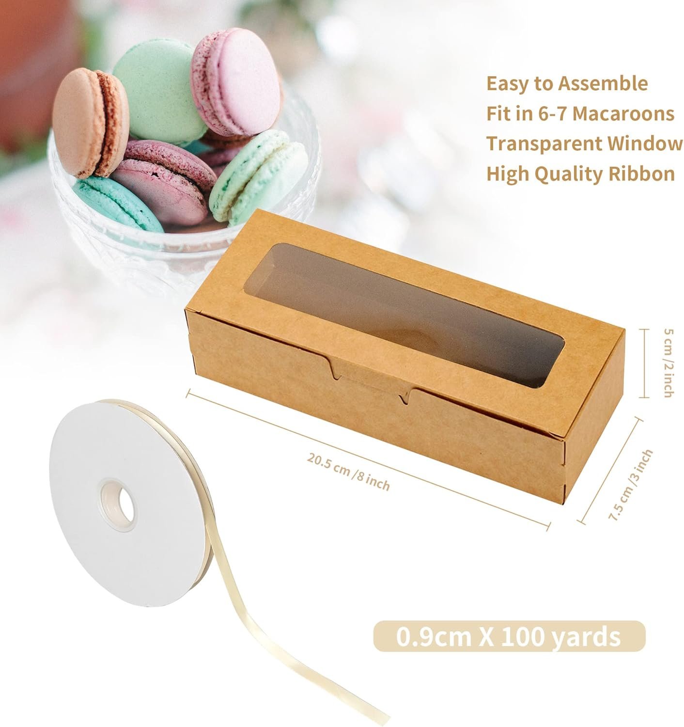 Wholesale 50 Pack Kraft Macaron Boxes 8x3x2 in Holds 6 Chocolate Covered Strawberry Bakery Cookie Containers with Clear Window Ribbon for Party Wedding Factory