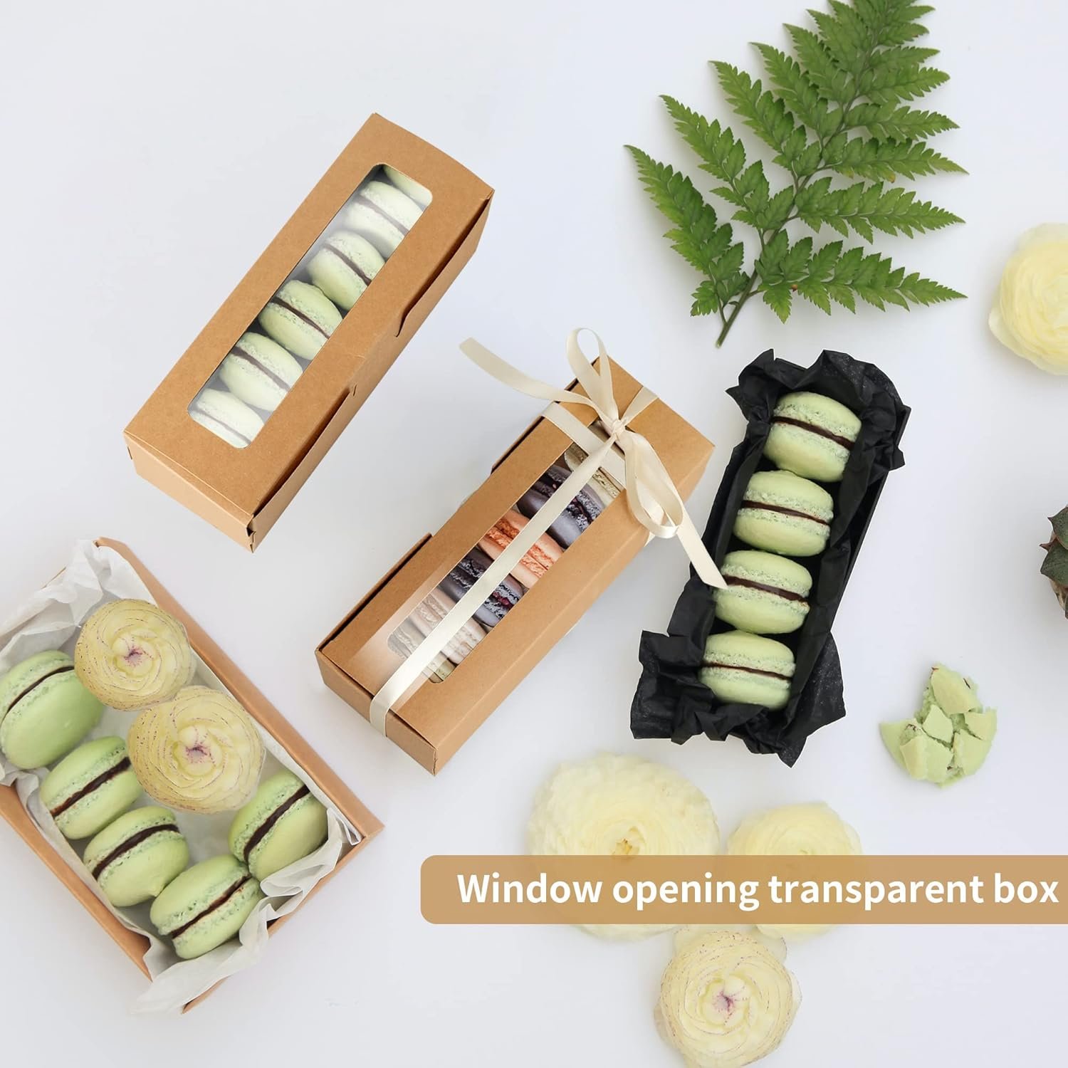 Wholesale 50 Pack Kraft Macaron Boxes 8x3x2 in Holds 6 Chocolate Covered Strawberry Bakery Cookie Containers with Clear Window Ribbon for Party Wedding Factory