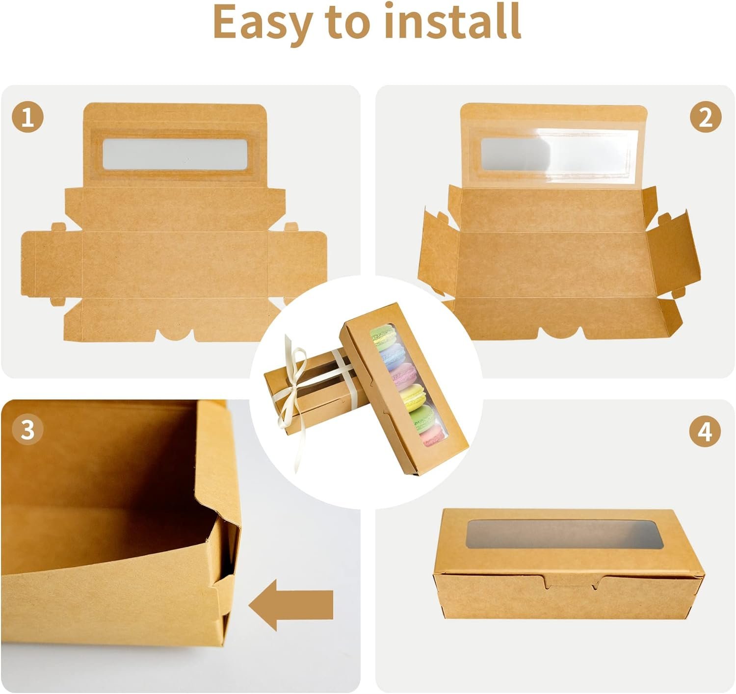 Wholesale 50 Pack Kraft Macaron Boxes 8x3x2 in Holds 6 Chocolate Covered Strawberry Bakery Cookie Containers with Clear Window Ribbon for Party Wedding Factory