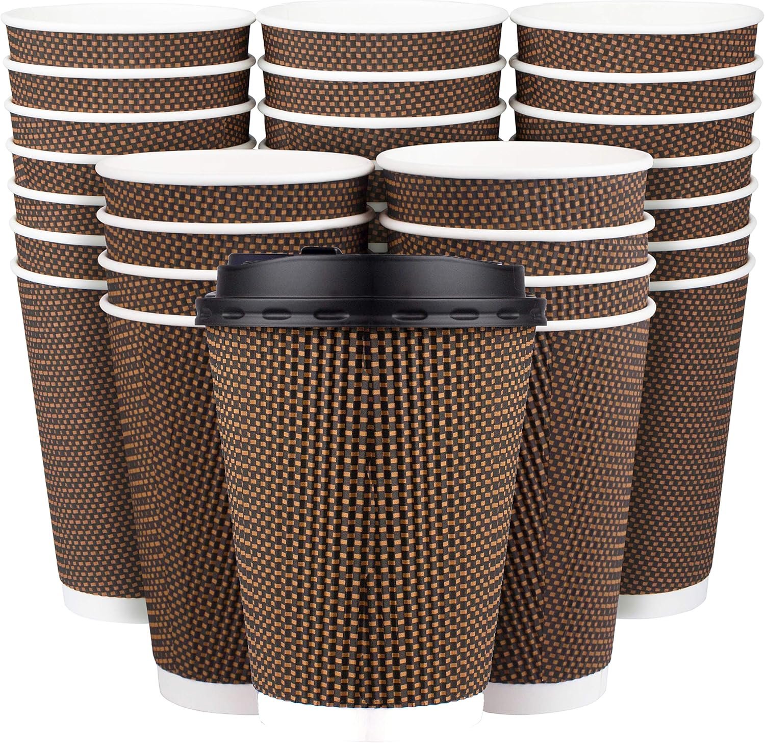 Promora Brown Disposable Coffee Cups With Lids 12 oz, Premium Insulated Paper Ripple Cups for Hot Coffee, Paper Coffee Cup with Lids (80 Pack)