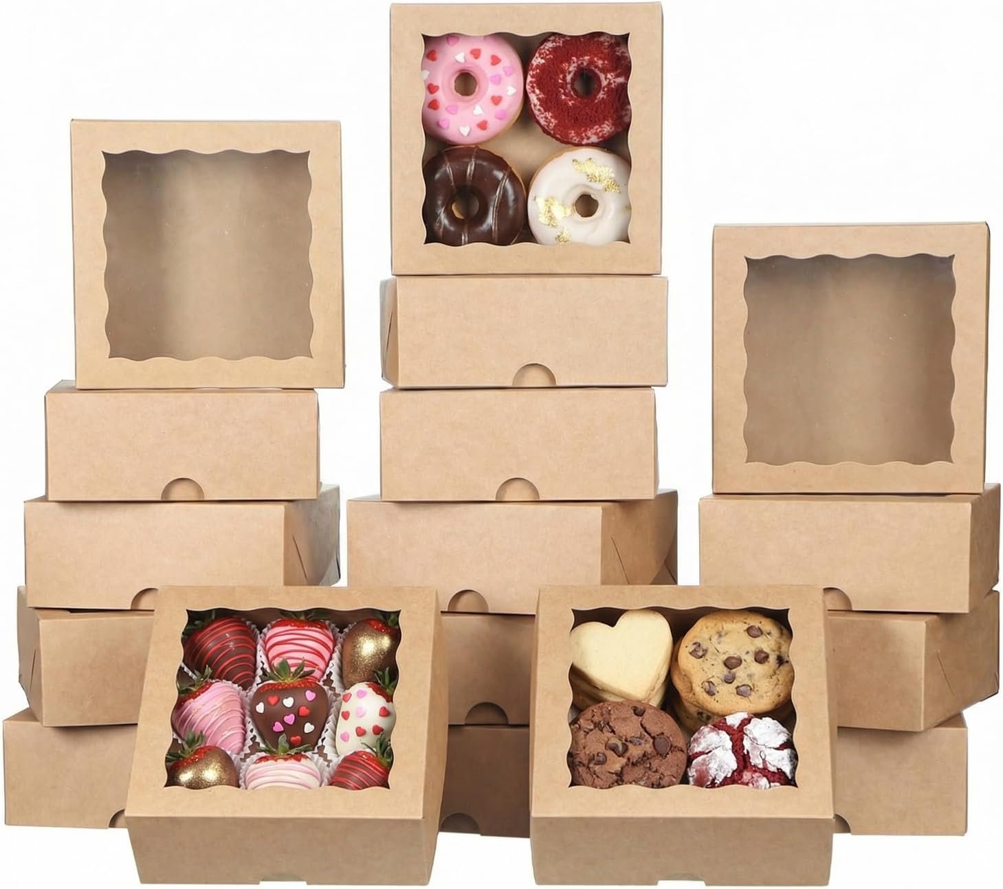 15pcs Cookie Boxes with Window, 6x6x2.5in Brown Bakery Boxes for Treats, Small Cake, Desserts, Donuts, Pastry