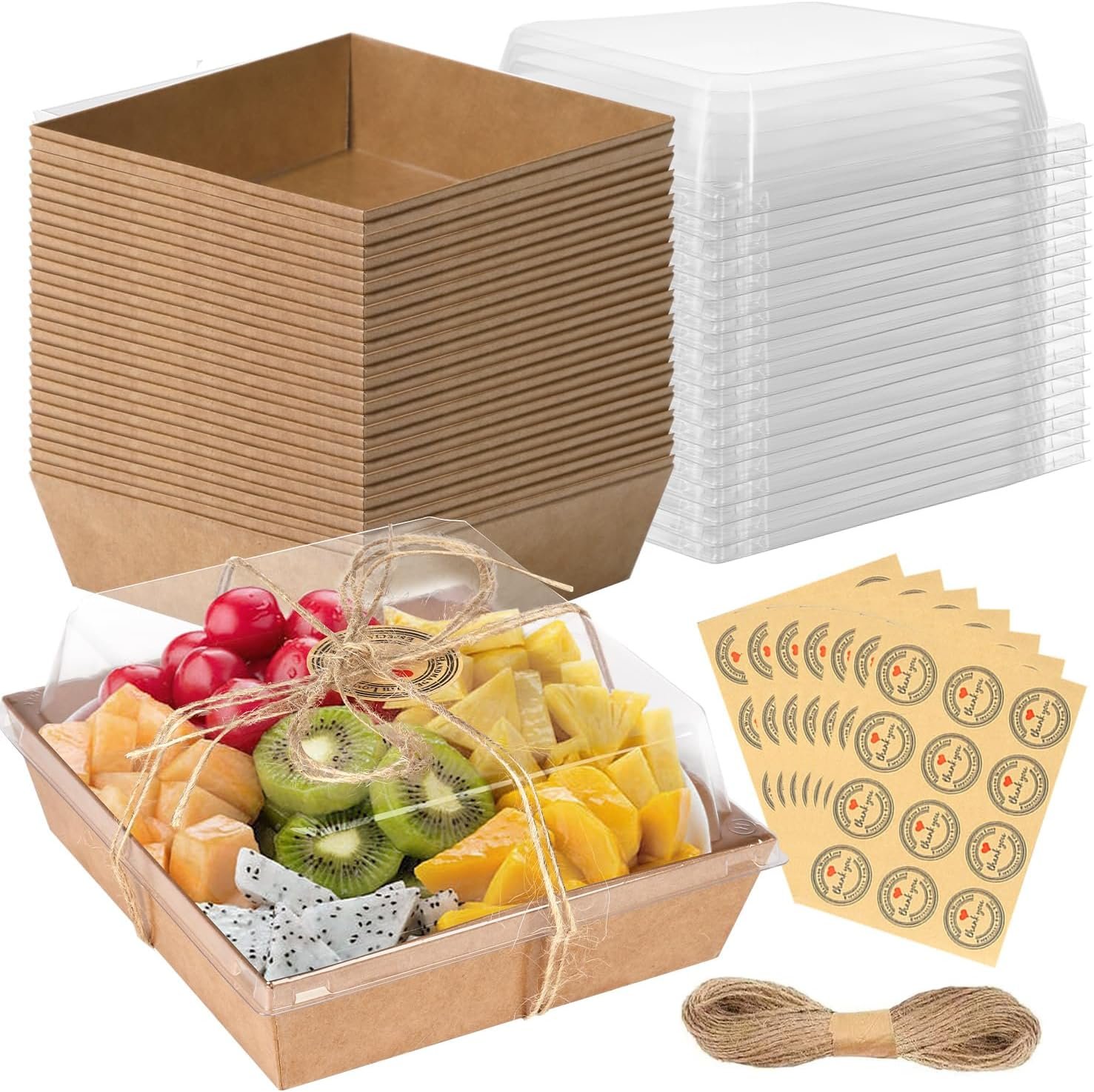 100 Pack Small Charcuterie Boxes with Clear Lids,Mini Charcuterie Box, Disposable Food Containers, 5Inch Cookie Boxes for Sandwich，Sushi，Bakery，Dessert，Cake Slice，Strawberries (Brown)