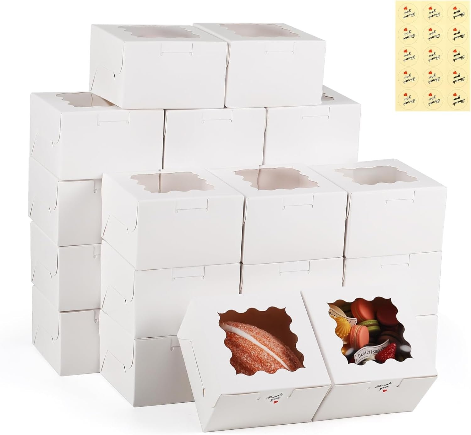 50 Pack Cookie Boxes with Window, 4x4x2.5 Inch White Bakery Box, Kraft Paper Treat Boxes for Pastries, Cookies, Pie, Donuts, Macaron, Strawberry Boxes withTag