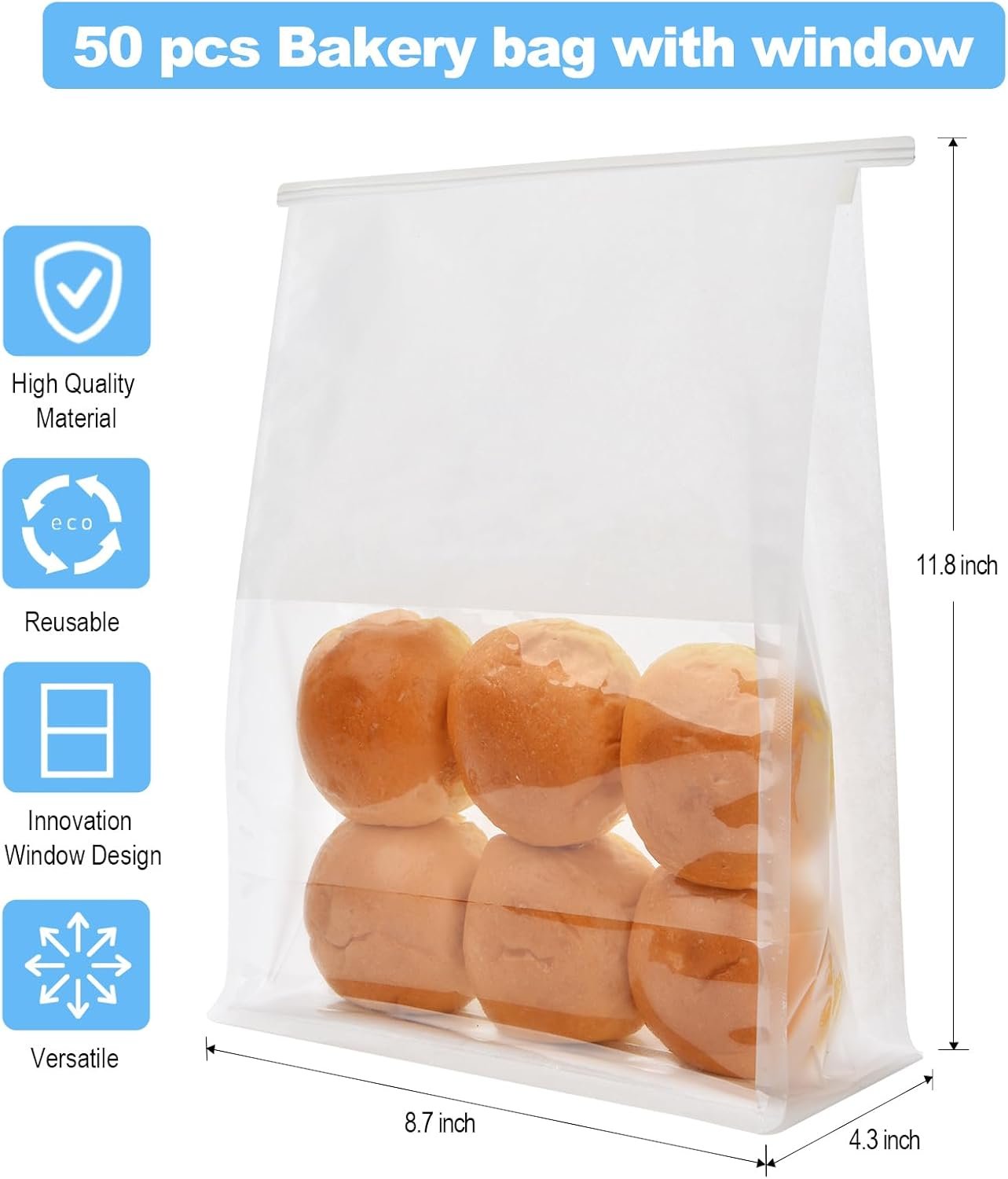 Wholesale 50 Large Bread Bags with Tabs Window and Ties for Sourdough Loaf Storage Baked Goods Packaging 11'' x 8.7'' x 4.3'' White Factory