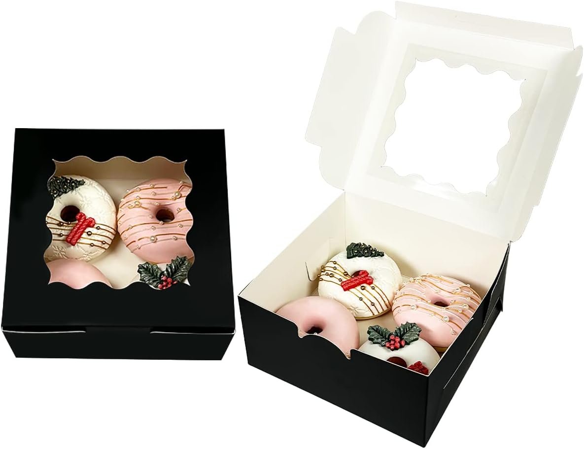 Wholesale Black Bakery Boxes with Window 6x6x3 Inches 30 Pack Thick Sturdy for Macarons Pastries Cookies Factory