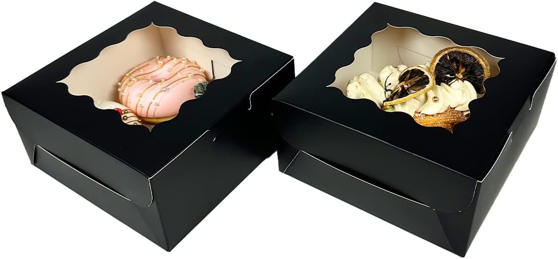 Wholesale Black Bakery Boxes with Window 6x6x3 Inches 30 Pack Thick Sturdy for Macarons Pastries Cookies Factory