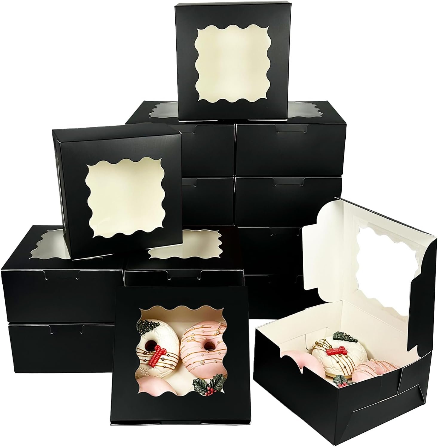 Bakepacker Black 30-Packs Bakery Boxes with Window 6x6x3 inches Thick & Sturdy Macaroon Pastry Boxes Cookie Boxes for Bakerys
