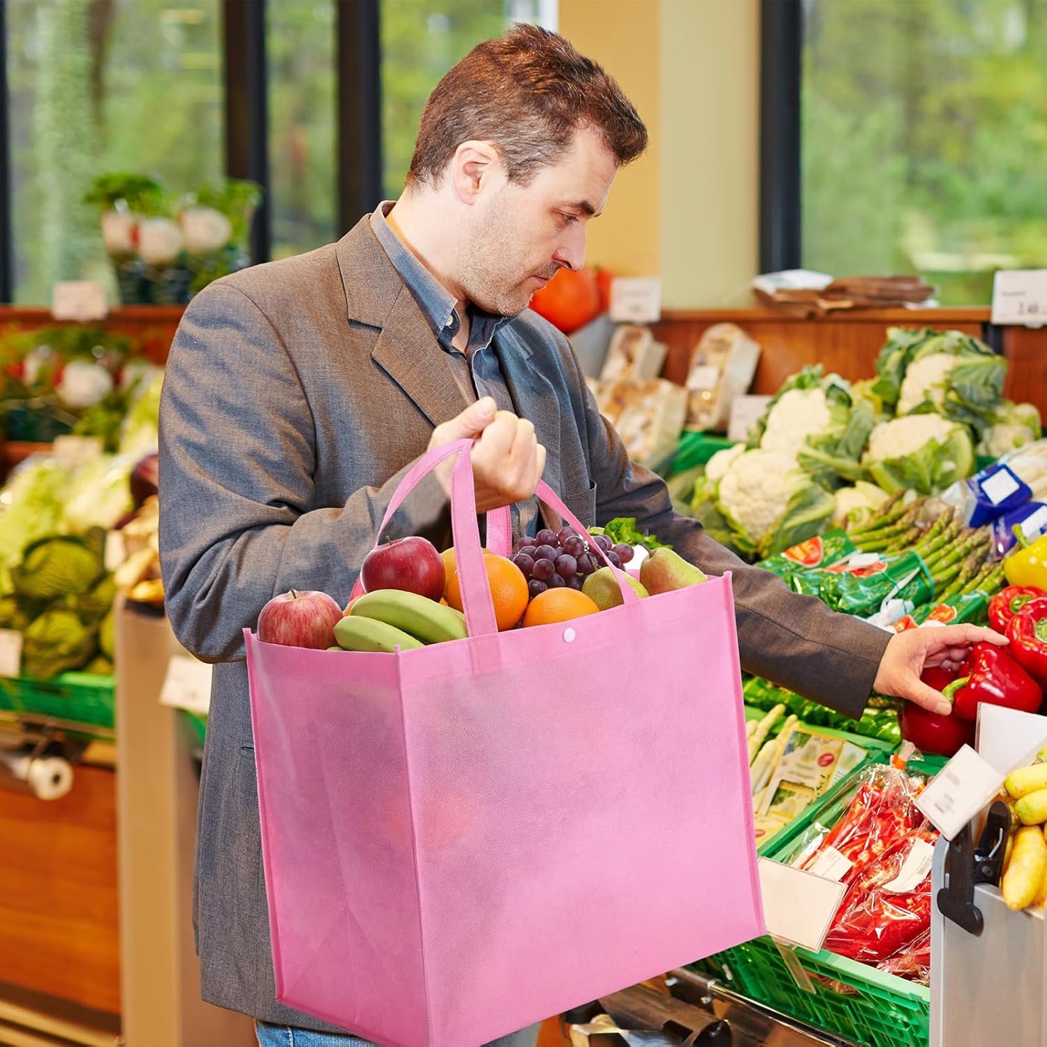 Wholesale 48 Pack Reusable Grocery Bags 13''L x 9.4''W x 15''H Large Foldable Shopping Tote Non-Woven with Handles and Buttons Factory