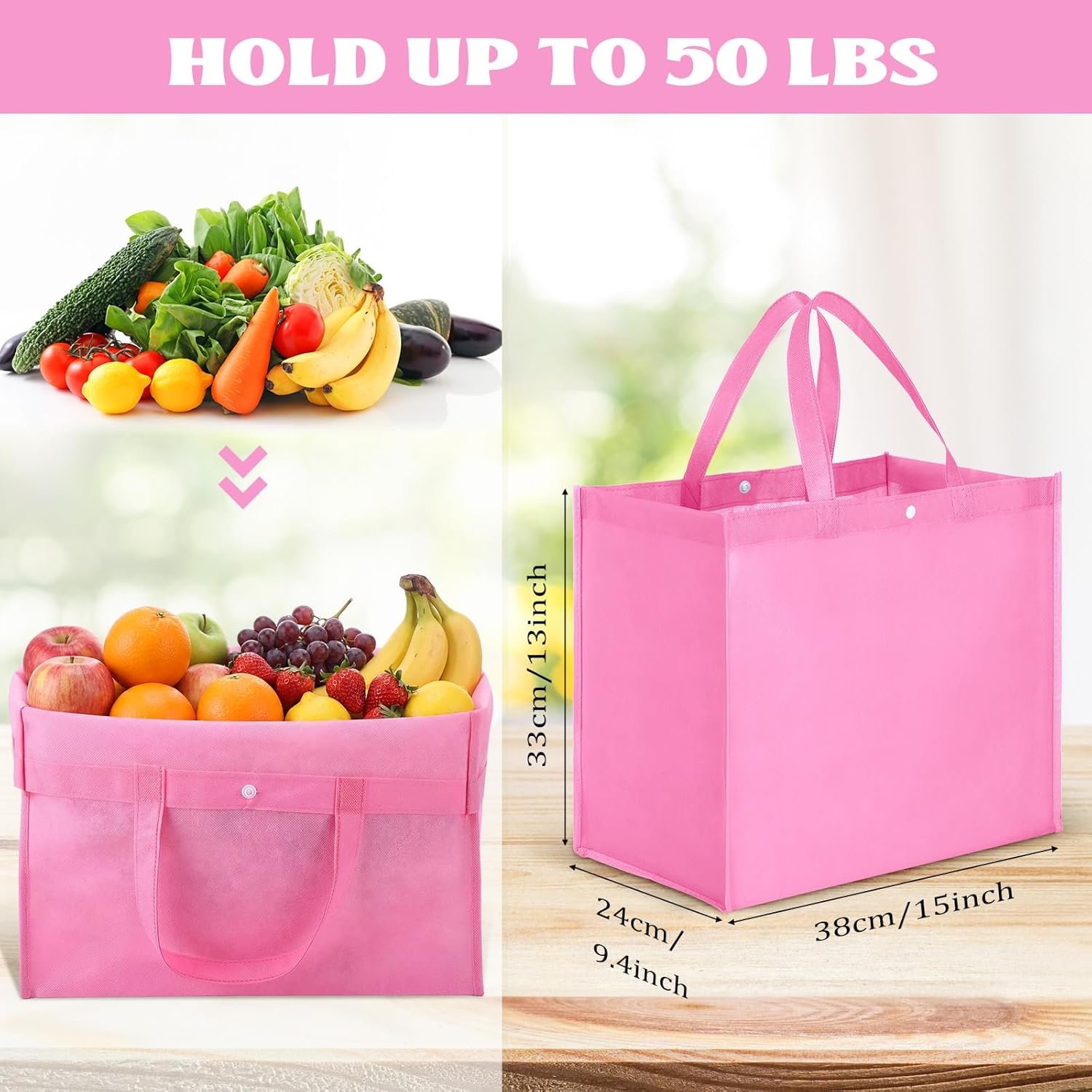 Wholesale 48 Pack Reusable Grocery Bags 13''L x 9.4''W x 15''H Large Foldable Shopping Tote Non-Woven with Handles and Buttons Factory