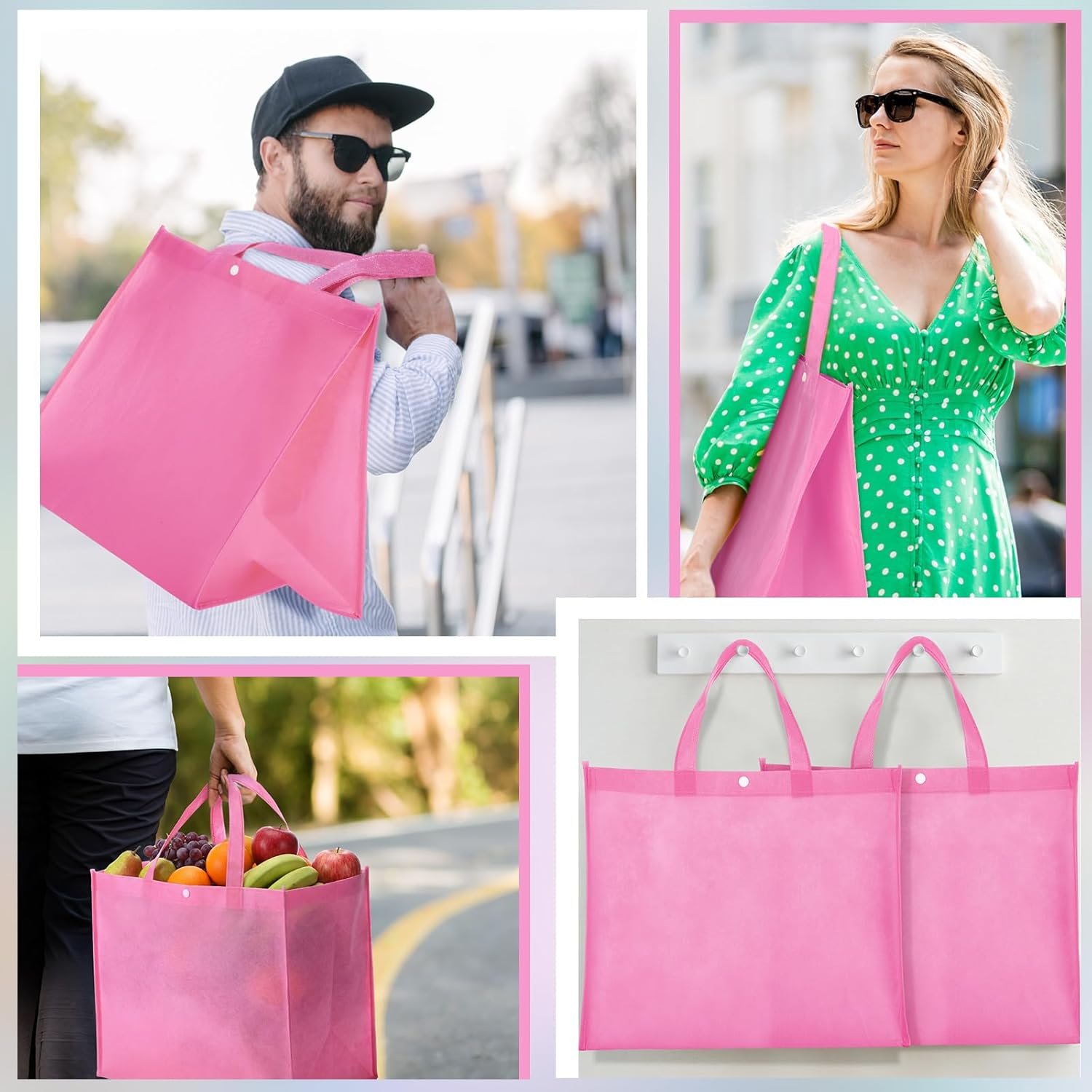 Wholesale 48 Pack Reusable Grocery Bags 13''L x 9.4''W x 15''H Large Foldable Shopping Tote Non-Woven with Handles and Buttons Factory