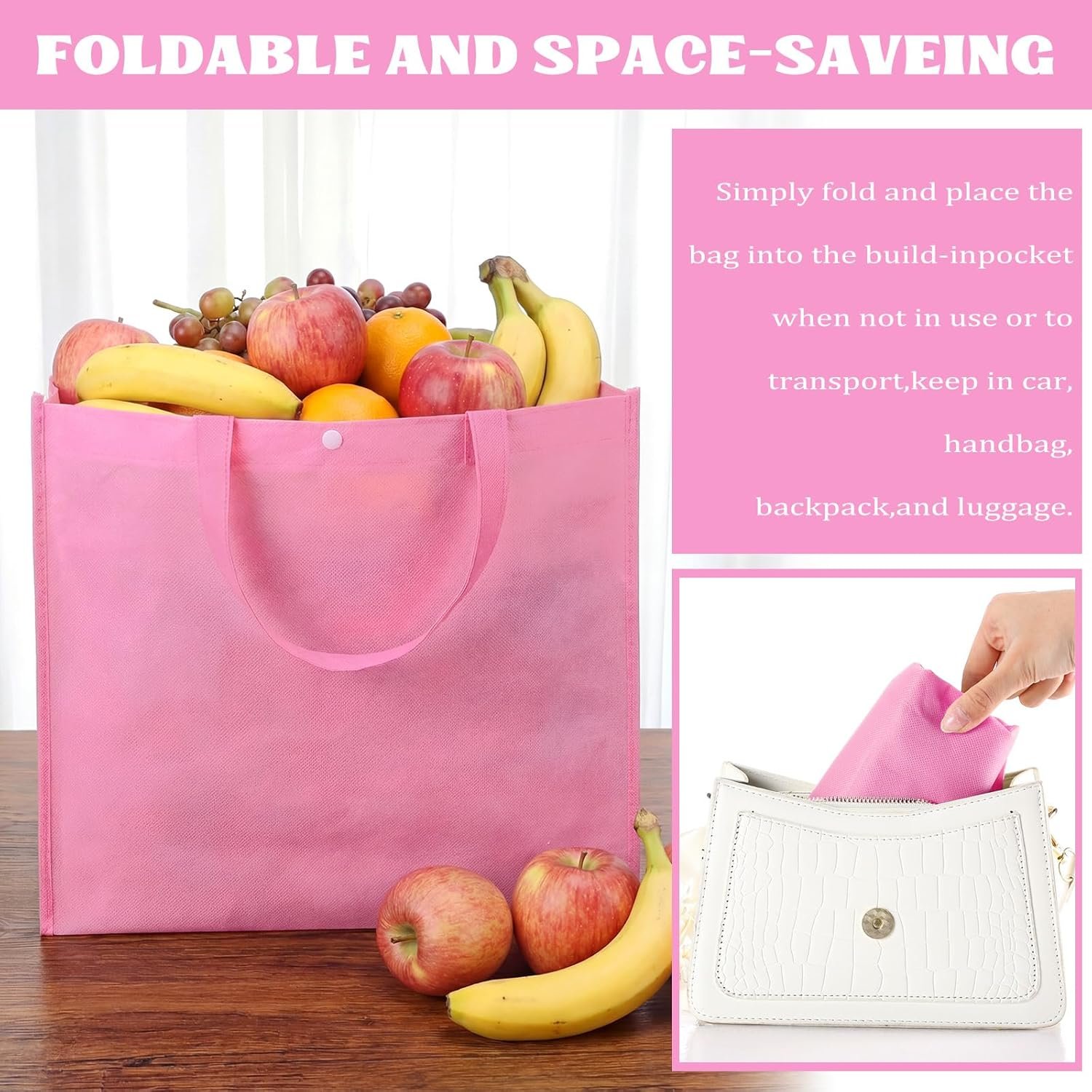 Wholesale 48 Pack Reusable Grocery Bags 13''L x 9.4''W x 15''H Large Foldable Shopping Tote Non-Woven with Handles and Buttons Factory