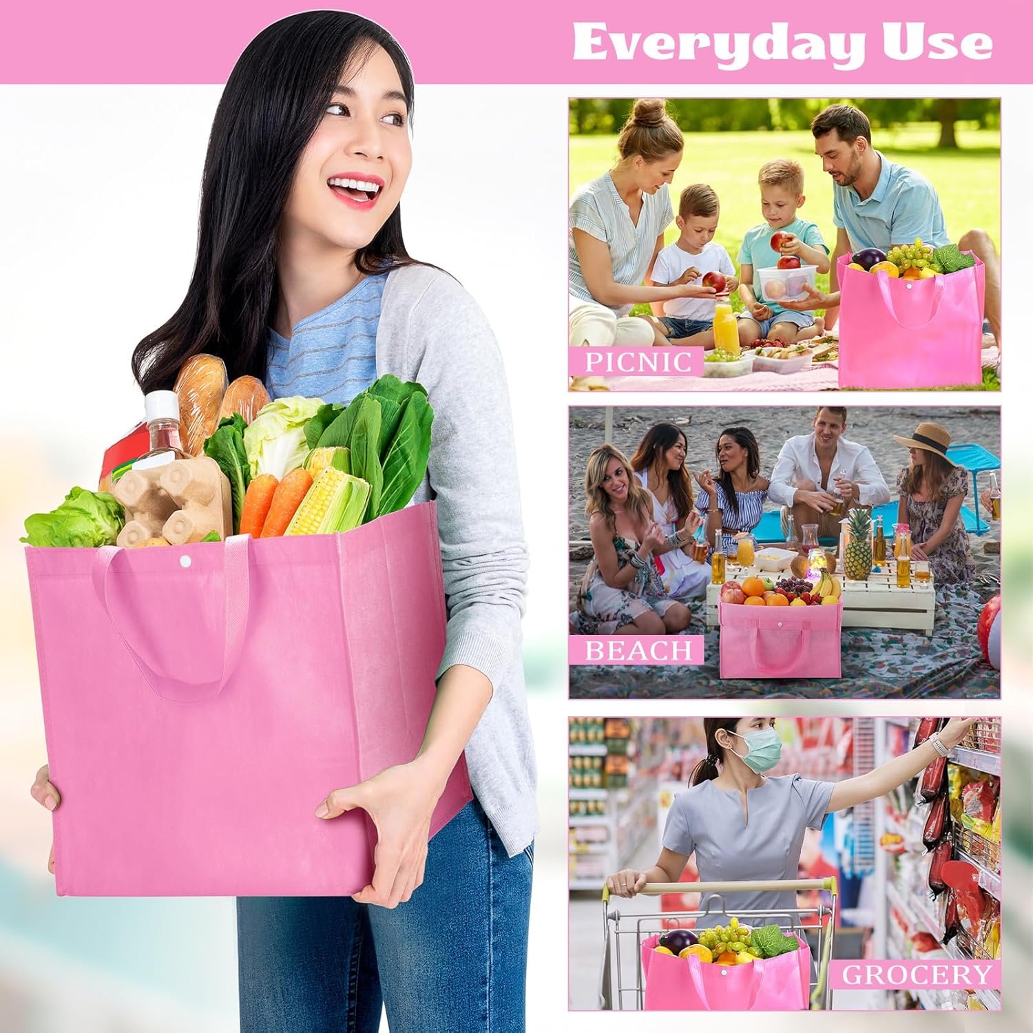 Wholesale 48 Pack Reusable Grocery Bags 13''L x 9.4''W x 15''H Large Foldable Shopping Tote Non-Woven with Handles and Buttons Factory