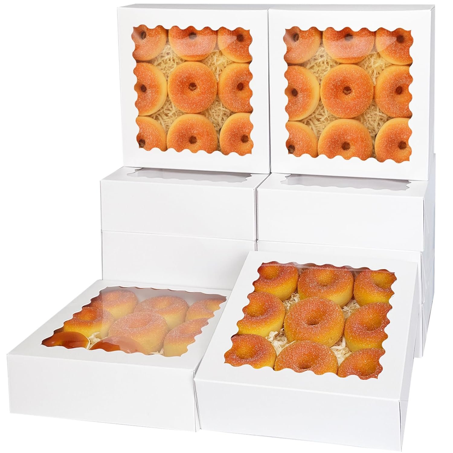qiqee Auto-pop Up 90pcs White Pastry Box With Window Donut Pie Boxes 8"x8"x2.5" Bakery Box