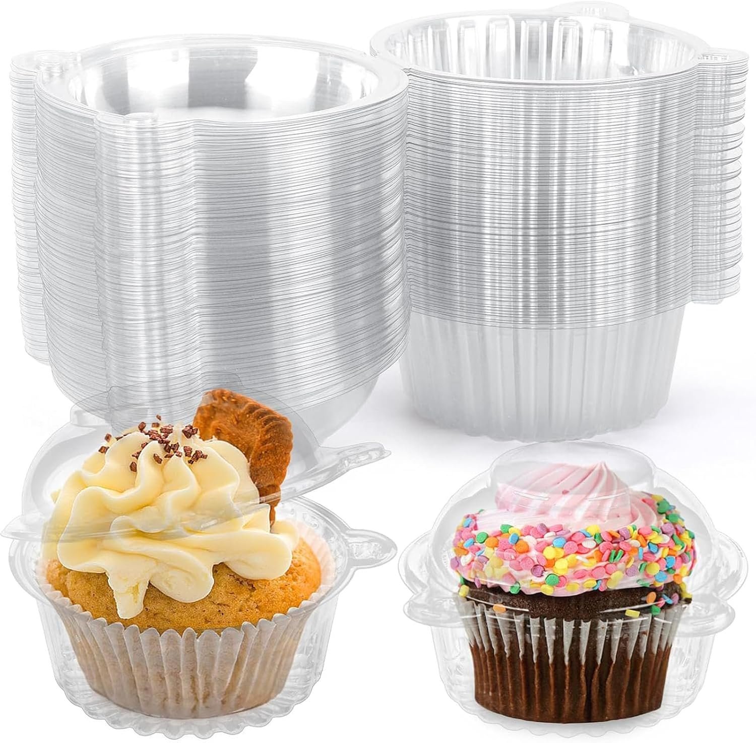 VGOODALL 120PCS Individual Cupcake Containers, 4.3 X 3.2 Inches Plastic Cupcake Holders With Lid for Wedding Baby Shower Birthday Party Supply