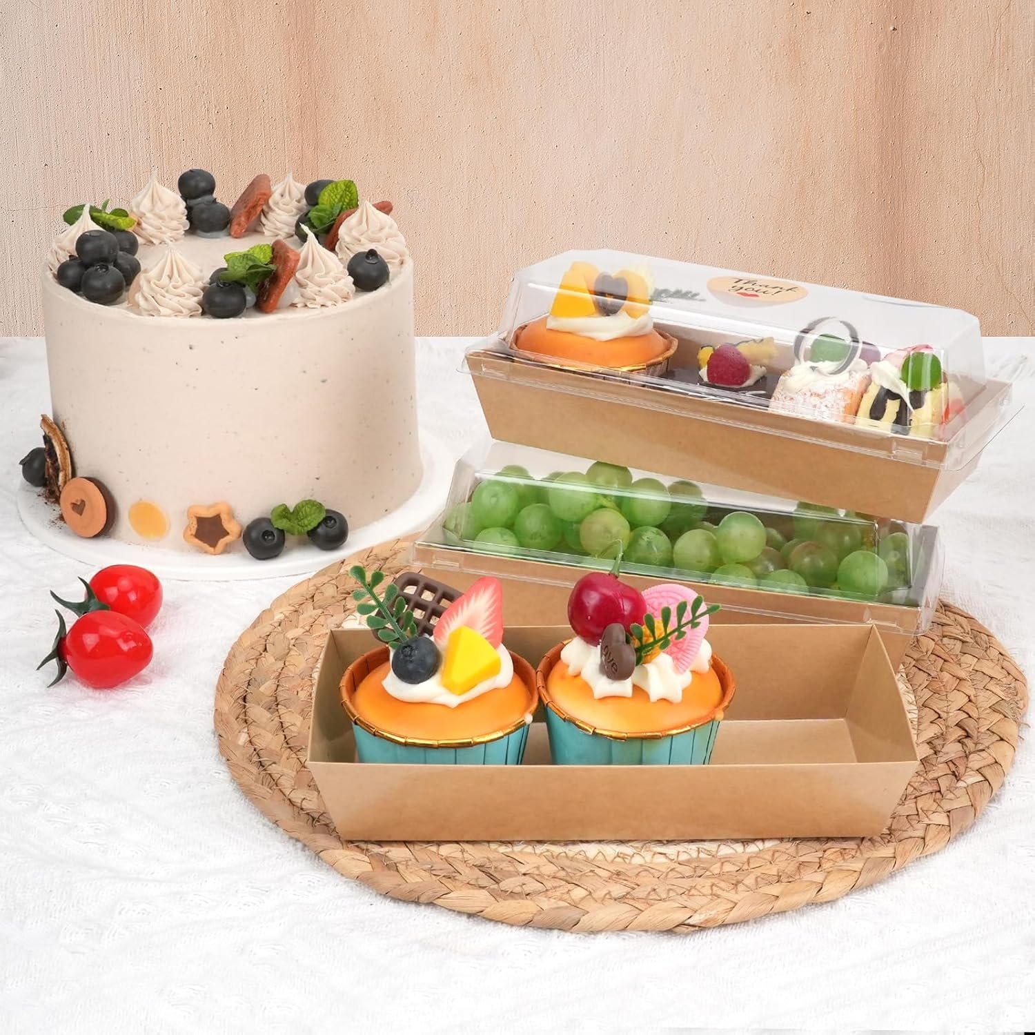 Wholesale 100-Pack Charcuterie Boxes Clear Lids 108 Stickers Mini Paper Food Containers Bakery Treats Desserts Cupcakes Sandwiches Strawberries Cookies Factory