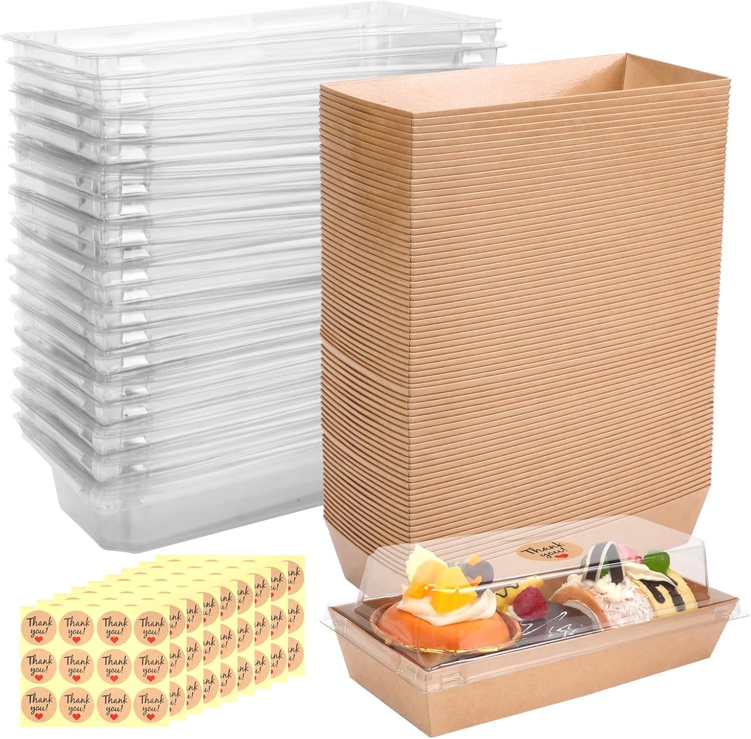 100 Pack Charcuterie Boxes with Clear Lids, To Go Food Containers Mini Bakery Boxes with 108 Stickers, Small Paper Treat Box for Desserts, Cupcakes, Sandwich, Strawberries, Cookie