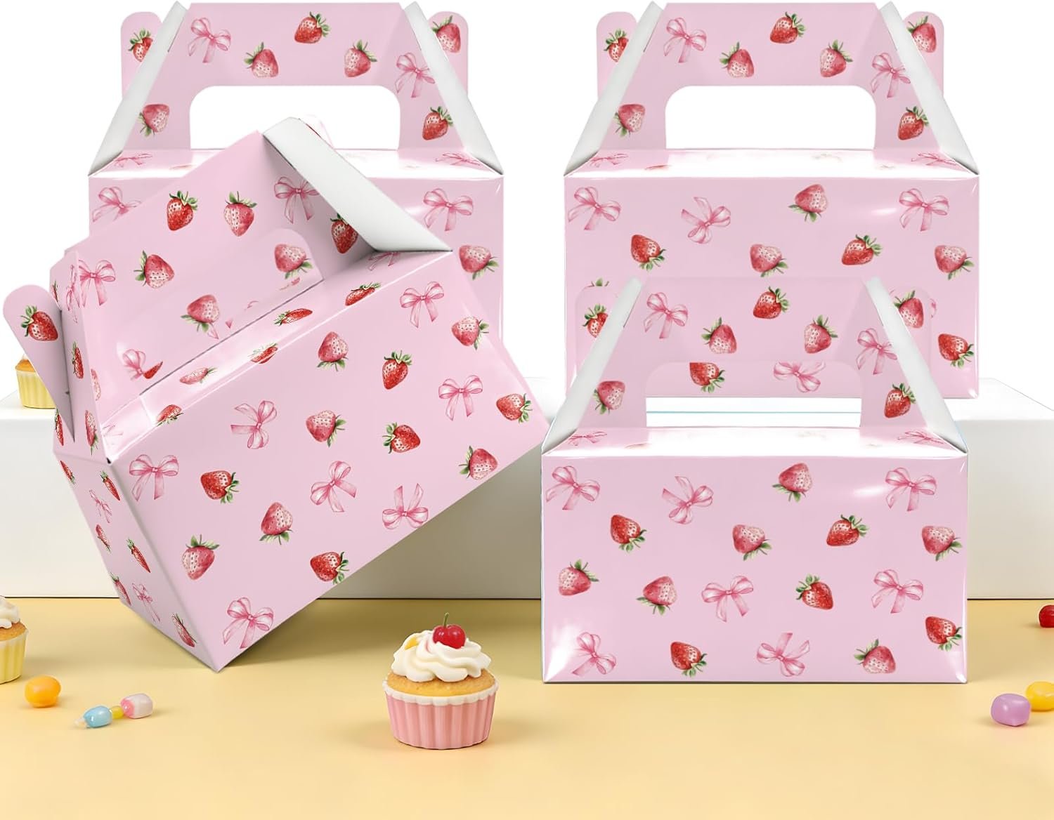 Wholesale 12 Pcs Pink Strawberry Bow Treat Boxes with Handles for Valentine's Day Kids Goodie Favors Candy Cookies Cupcakes Snacks Party Decor Factory
