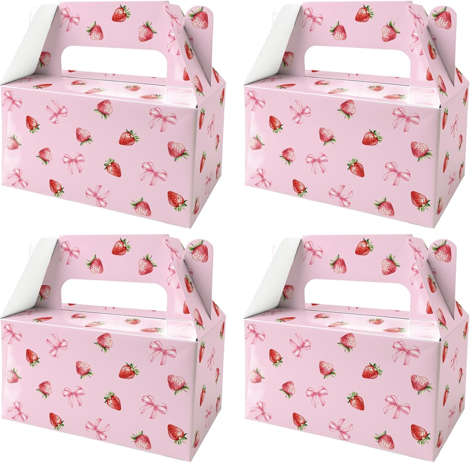 12 Pcs Party Favor Treat Boxes, Pink Strawberry Bow Candy Party Favors Boxes, Valentine's Day Goodie Box for Boys Girls Kids Gift Container Cookie Cupcake Snack Container with Handle Party Decor