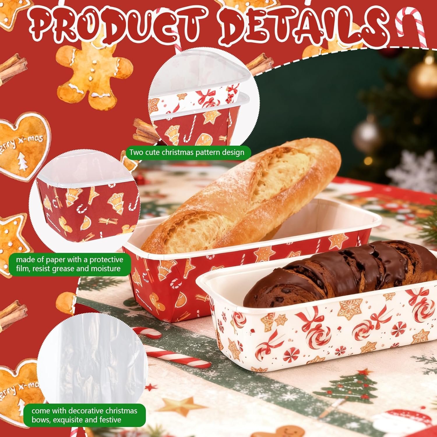 Wholesale 50 Sets 6.3 x 2.2 x 2.2 Inch Christmas Paper Loaf Pans Disposable Xmas Gingerbread Man Candy Liners with Clear Plastic Bags Ties Rectangle Baking Molds for Bread Cake Bakery Factory