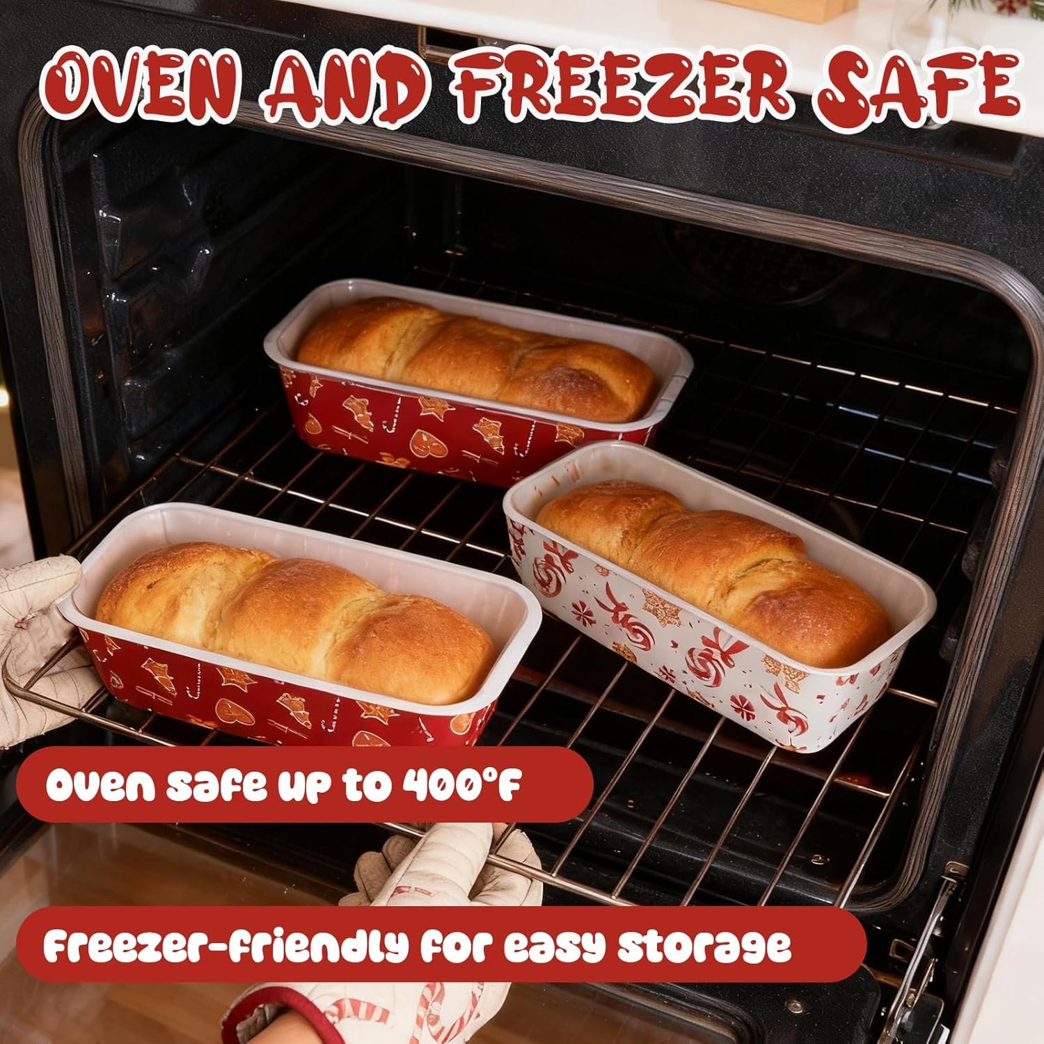 Wholesale 50 Sets 6.3 x 2.2 x 2.2 Inch Christmas Paper Loaf Pans Disposable Xmas Gingerbread Man Candy Liners with Clear Plastic Bags Ties Rectangle Baking Molds for Bread Cake Bakery Factory