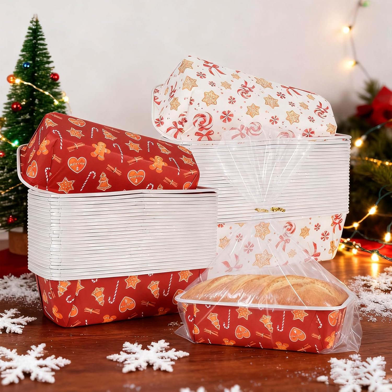 Wholesale 50 Sets 6.3 x 2.2 x 2.2 Inch Christmas Paper Loaf Pans Disposable Xmas Gingerbread Man Candy Liners with Clear Plastic Bags Ties Rectangle Baking Molds for Bread Cake Bakery Factory