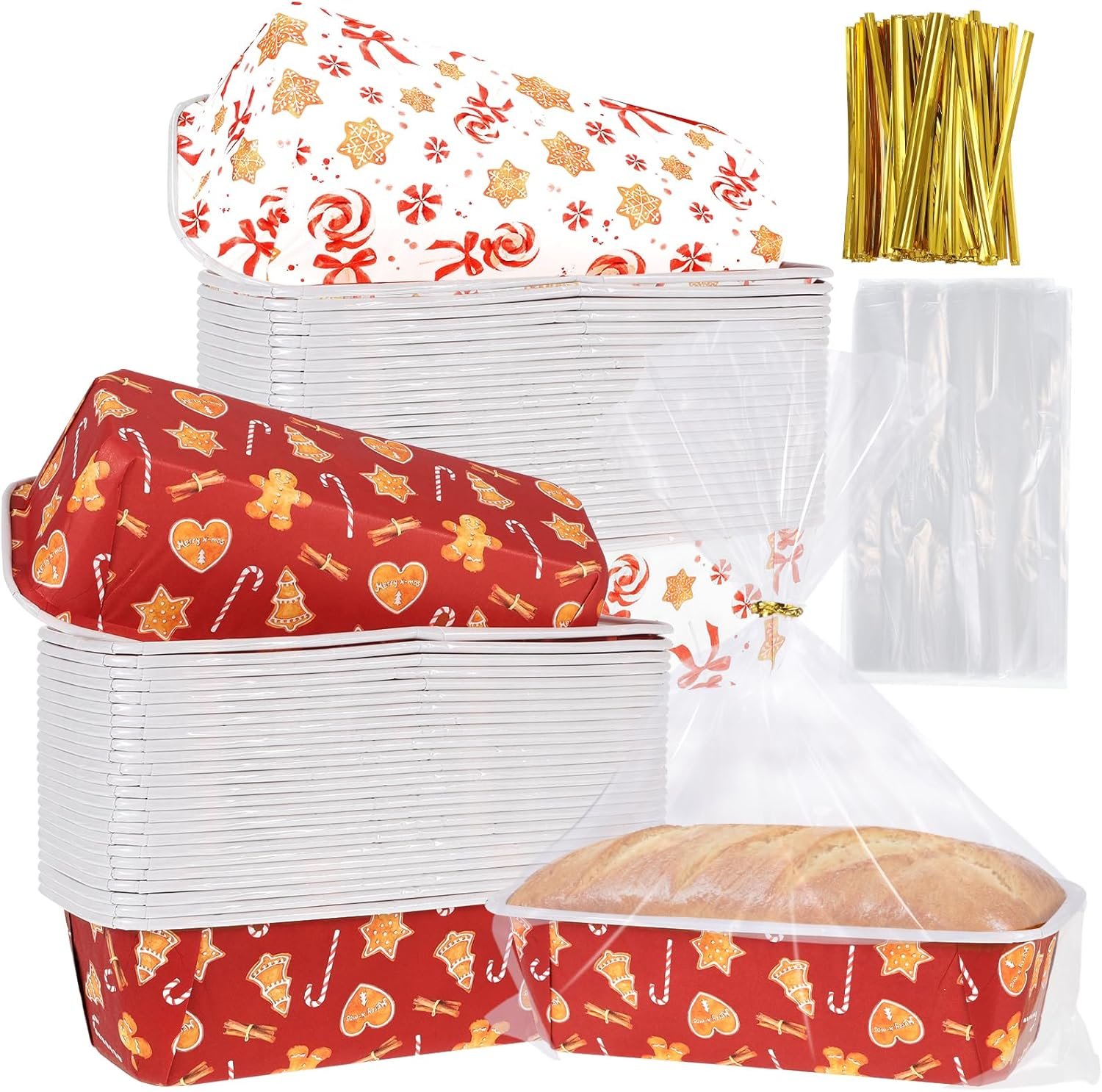 50 Sets Christmas Paper Loaf Pans 6.3 x 2.2 x 2.2 Inch Xmas Gingerbread Man Candy Disposable Loaf Pan Liners with Clear Plastic Bags and Ties Rectangle Paper Baking Molds for Bread Cake Bakery