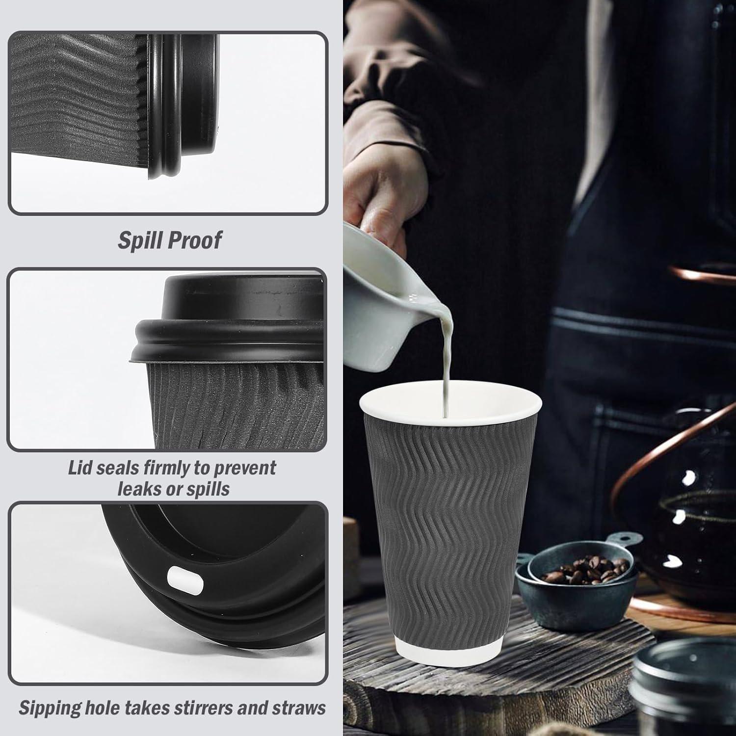 Wholesale 50 Pack 16 oz Insulated Disposable Coffee Cups with Lids To Go Paper Cups Corrugated Ripple Wall for Hot Drinks Office Coffee Bar Factory