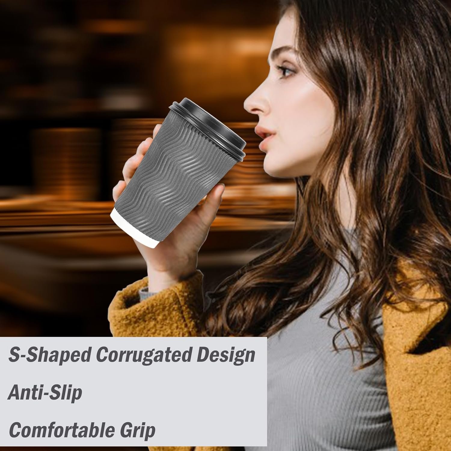 Wholesale 50 Pack 16 oz Insulated Disposable Coffee Cups with Lids To Go Paper Cups Corrugated Ripple Wall for Hot Drinks Office Coffee Bar Factory