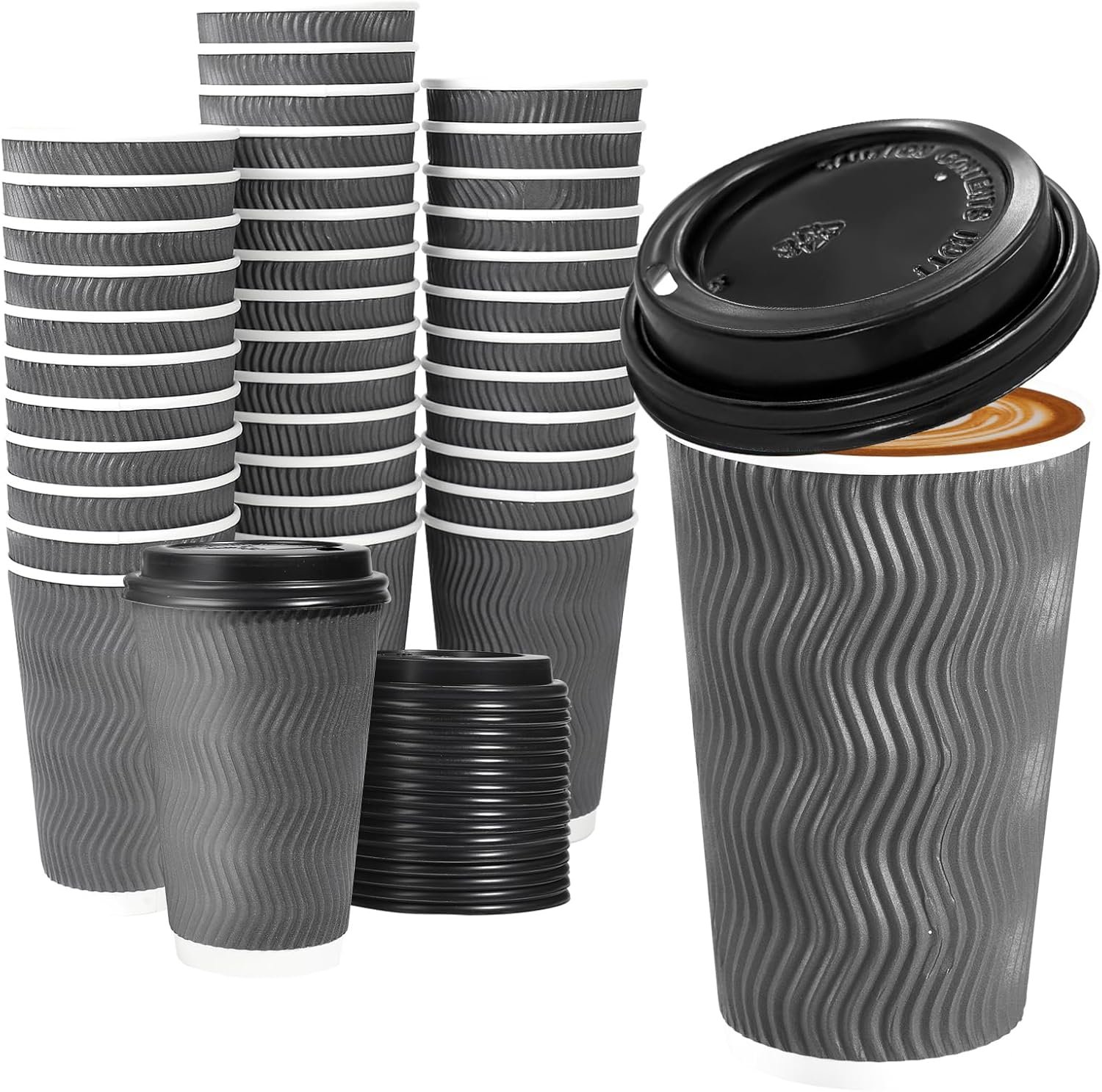 Lamosi 50 Pack 16 oz Insulated Disposable Coffee Cups with Lids, To Go Paper Coffee Cups with Lids, Corrugated Ripple Wall Cup for Hot Drink, Office, Coffee Bar
