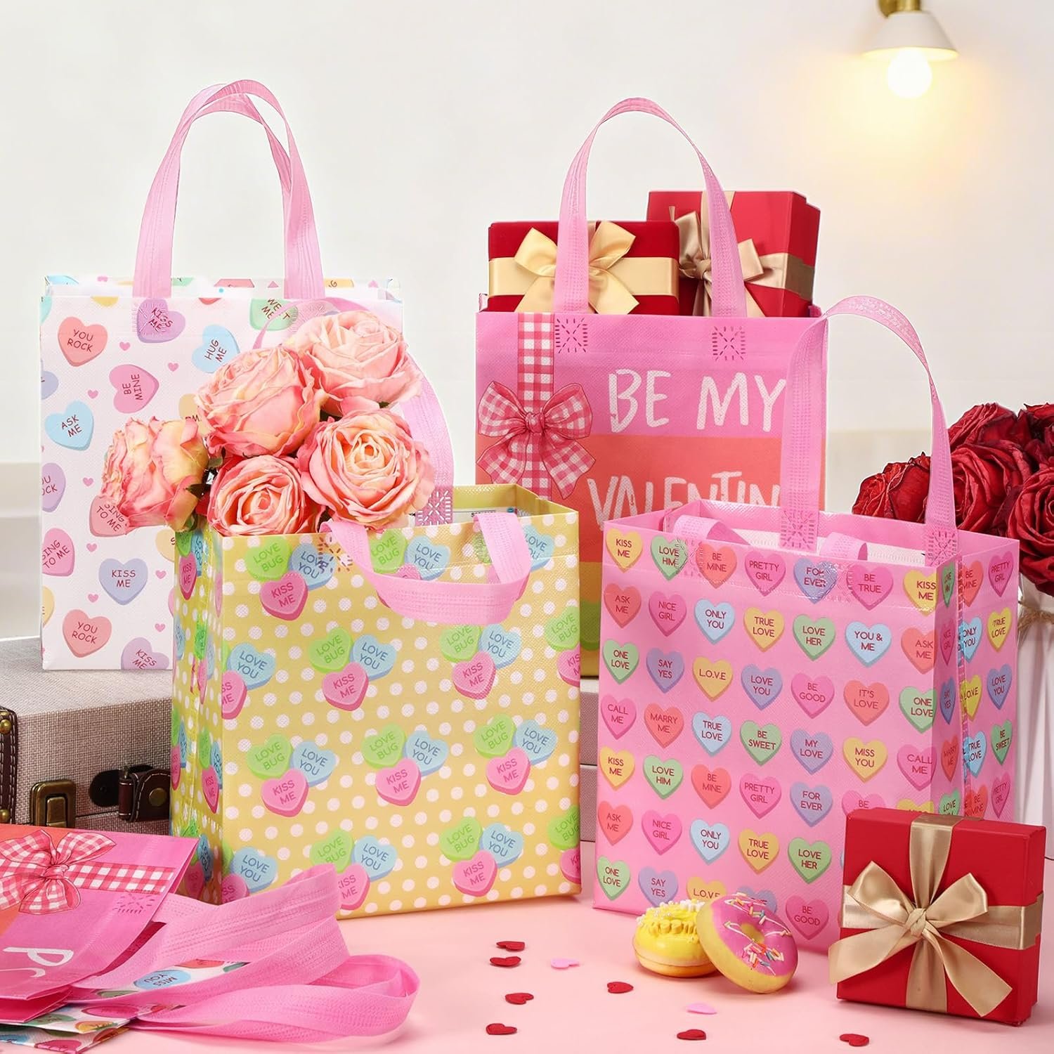 Wholesale 48 Pcs Reusable Non Woven Valentine's Day Gift Bags with Handles Pink Red for Treat Candy Conversation Classroom Gift Exchange Goodies Wrapping Party Supplies 9 x 4.3 x 8.6 Inch Factory