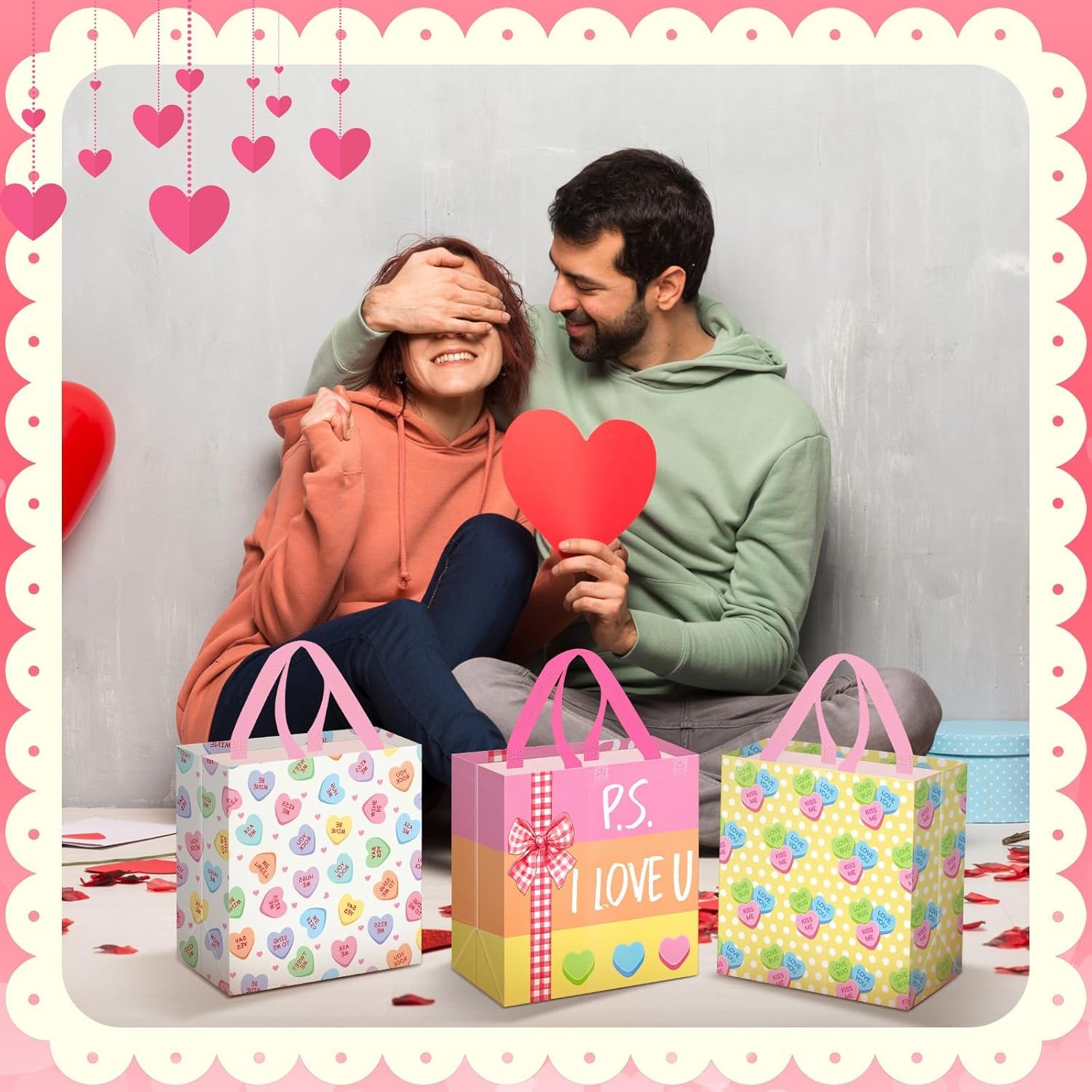 Wholesale 48 Pcs Reusable Non Woven Valentine's Day Gift Bags with Handles Pink Red for Treat Candy Conversation Classroom Gift Exchange Goodies Wrapping Party Supplies 9 x 4.3 x 8.6 Inch Factory