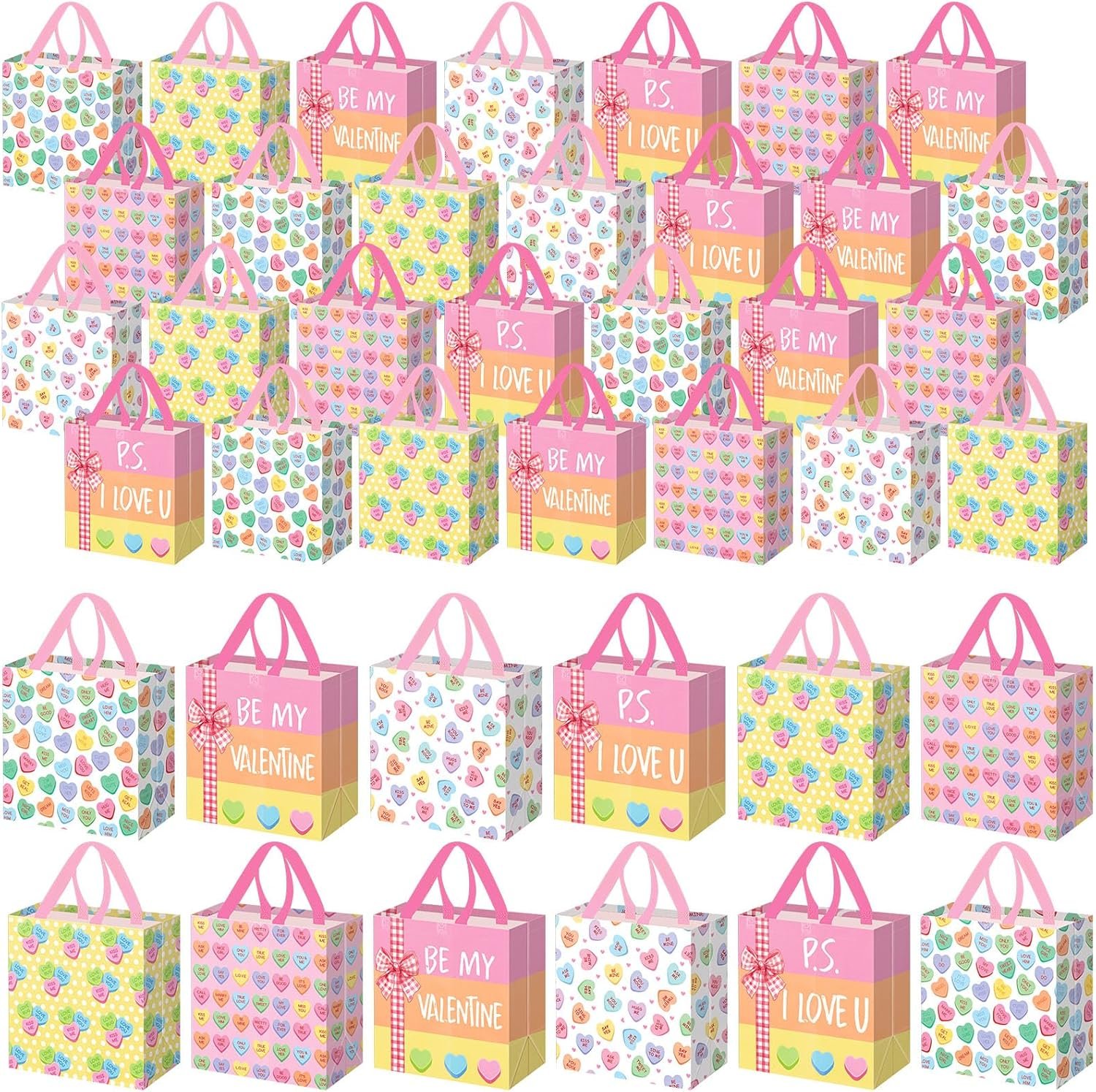 Wesnoy 48 Pcs Valentine's Day Gift Bags Bulk with Handle Non Woven Reusable Pink Red Treat Candy Conversation Bags for Classroom Gift Exchange Goodies Wrapping Party Supplies, 9 x 4.3 x 8.6 Inch