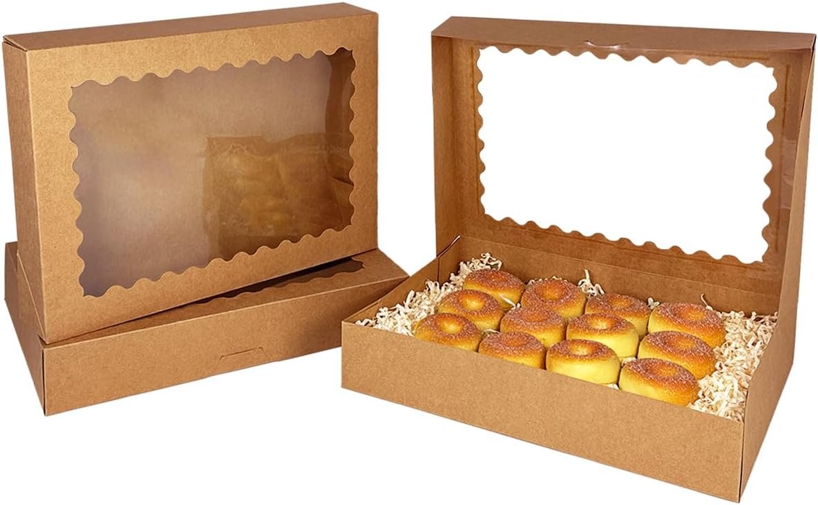Wholesale Auto-Pop Up Brown Cookie Boxes with Window 14x10x2.5 Inch 24 Pcs for Bakery Pastry Macaron Packaging Factory