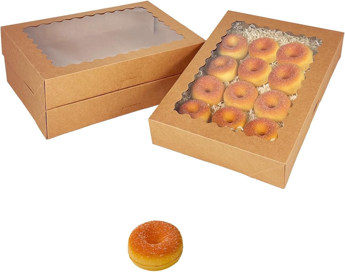 Wholesale Auto-Pop Up Brown Cookie Boxes with Window 14x10x2.5 Inch 24 Pcs for Bakery Pastry Macaron Packaging Factory