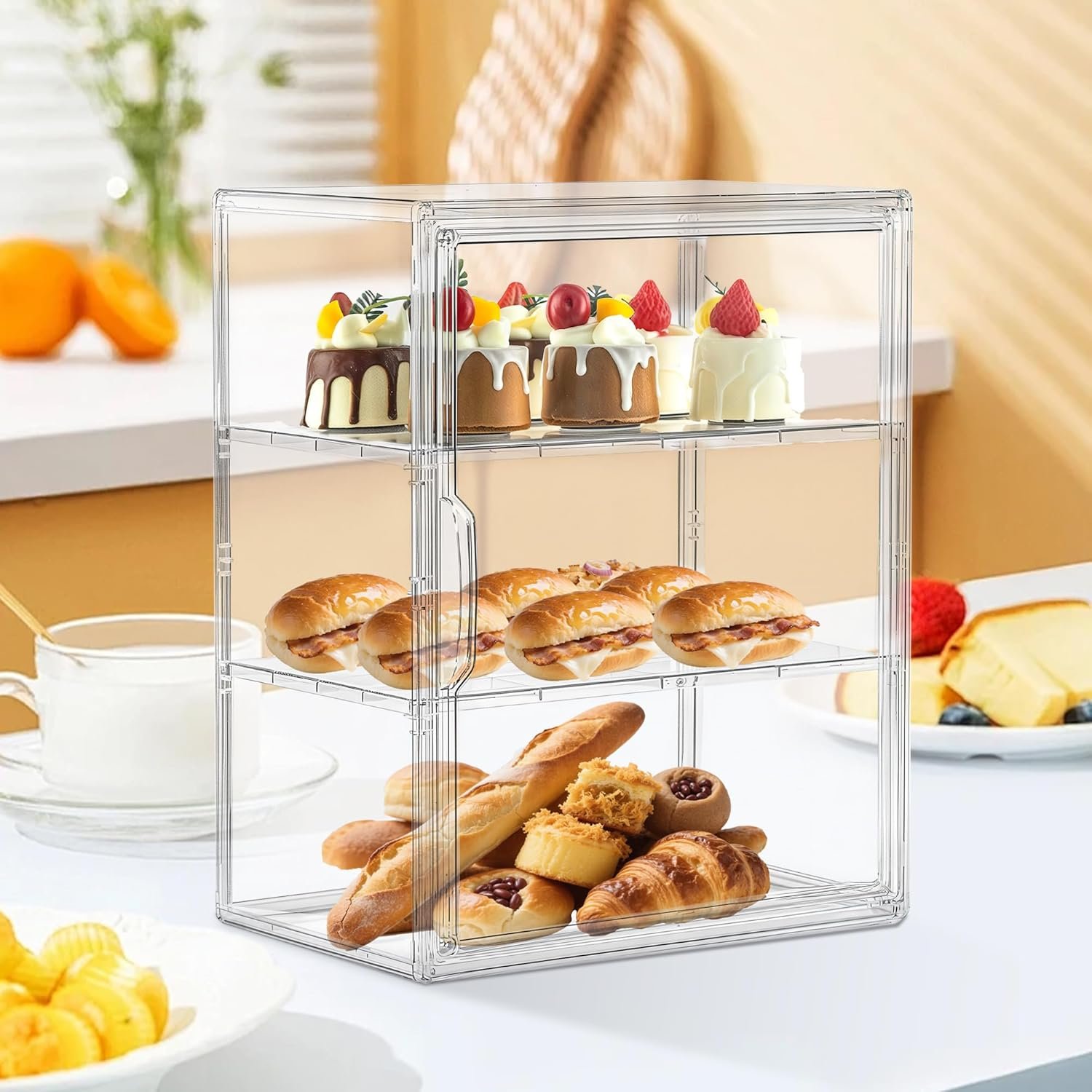 OEM Large 3-Tier Adjustable Pastry Display Case Bread Box Clear Storage with Magnetic Door for Kitchen Countertop Bagels Donuts Factory
